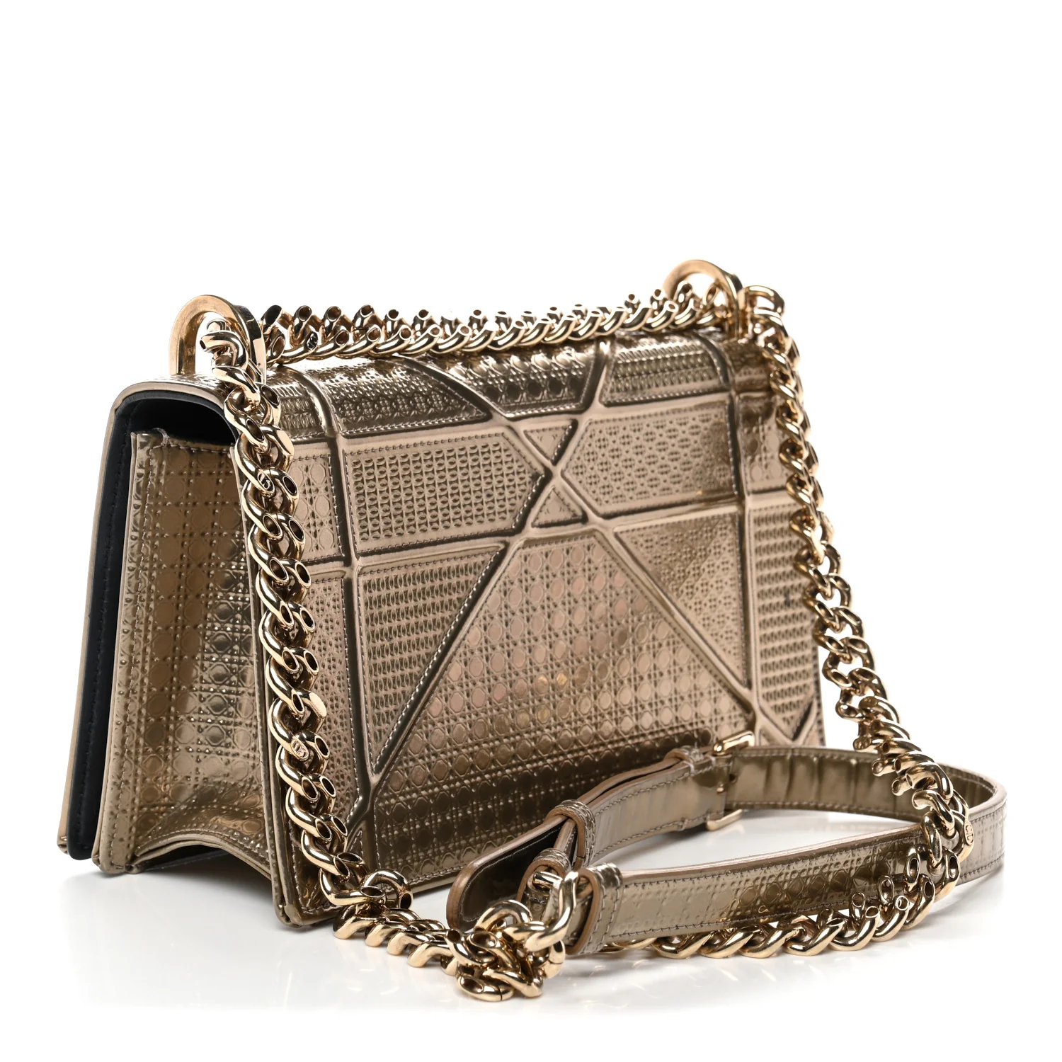 Metallic Patent Micro-Cannage Small Diorama Flap Bag Gold - Image 3