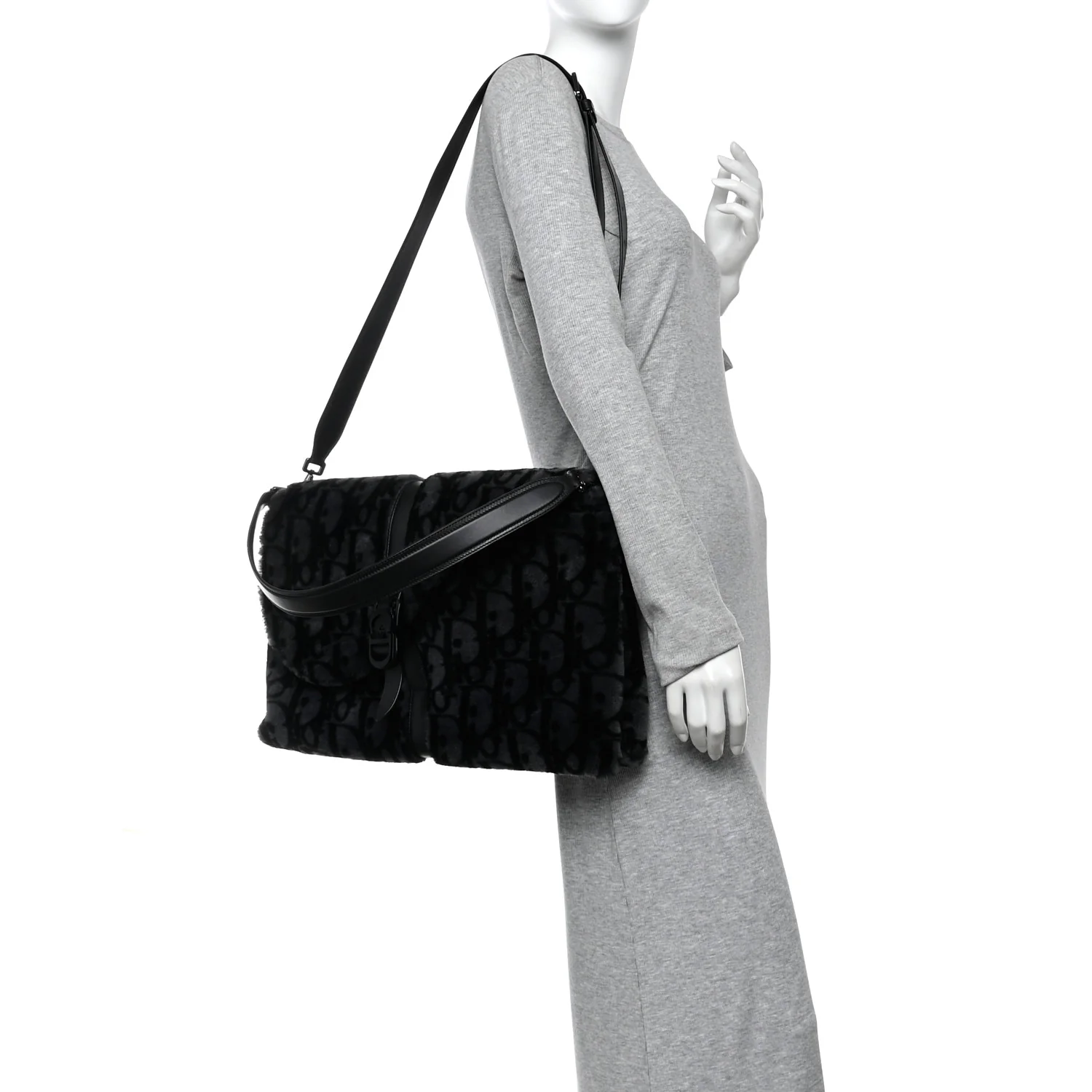 Oblique Mink Fur Saddle Soft Bag Dark Grey - Image 2