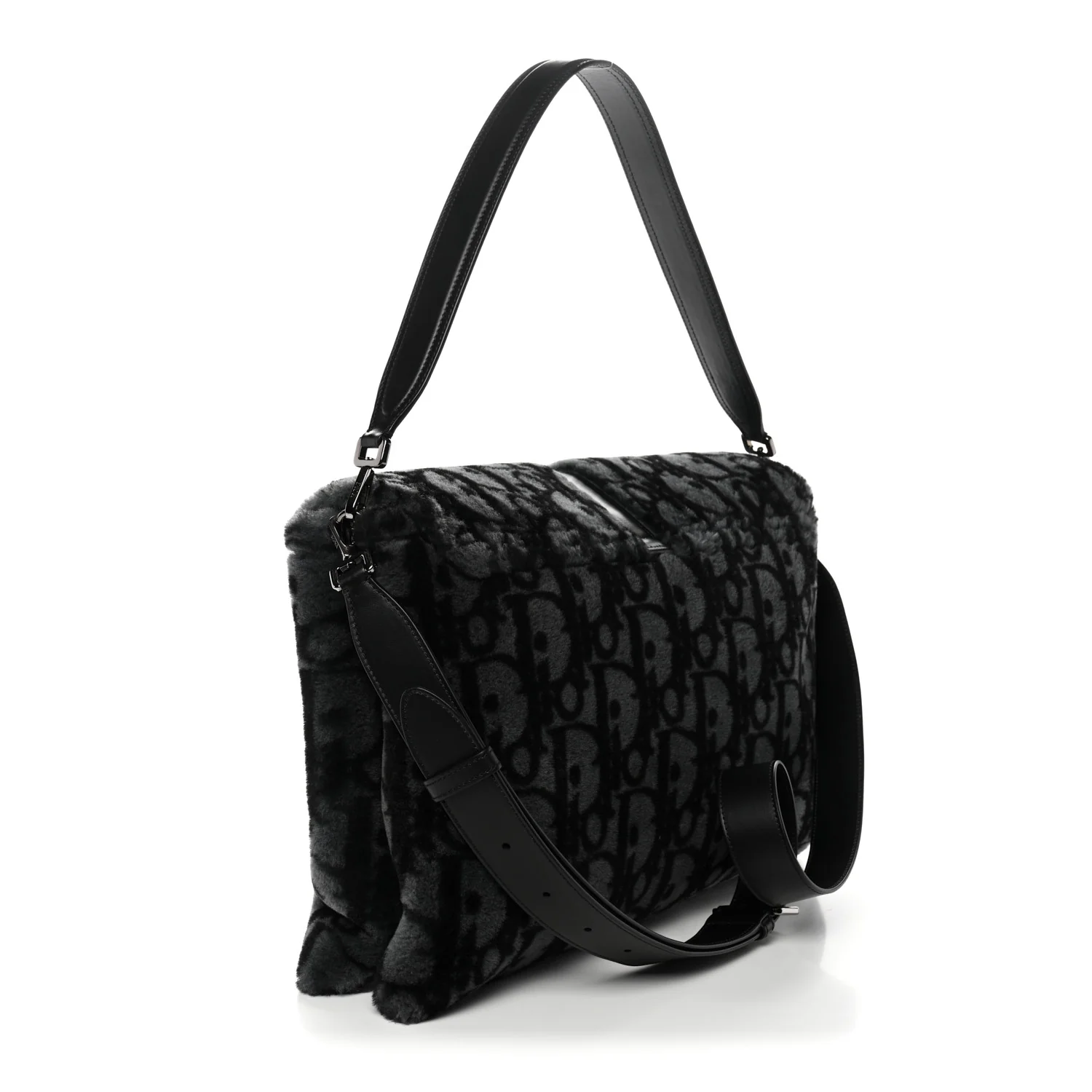 Oblique Mink Fur Saddle Soft Bag Dark Grey - Image 3