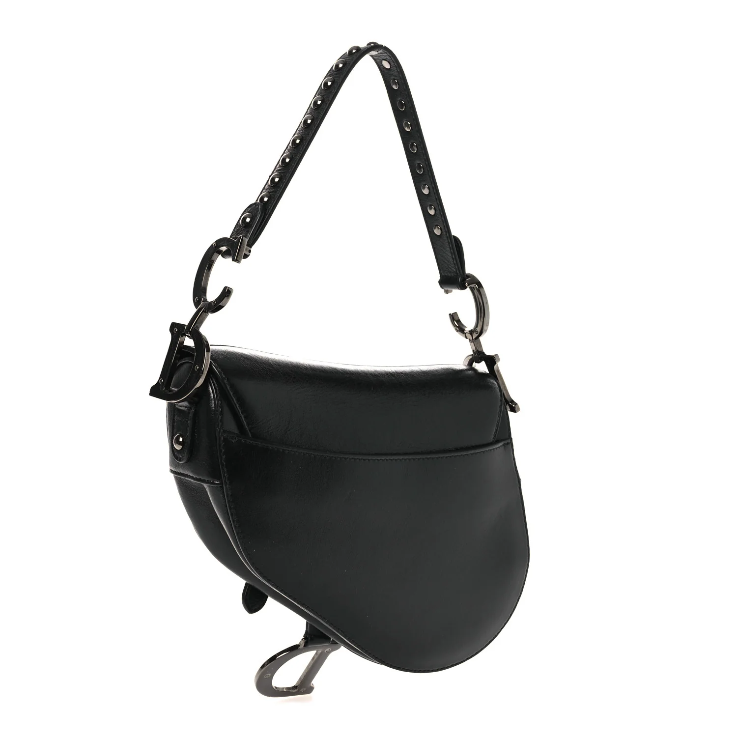Shiny Crinkled Calfskin Studded Saddle Bag Black - Image 3
