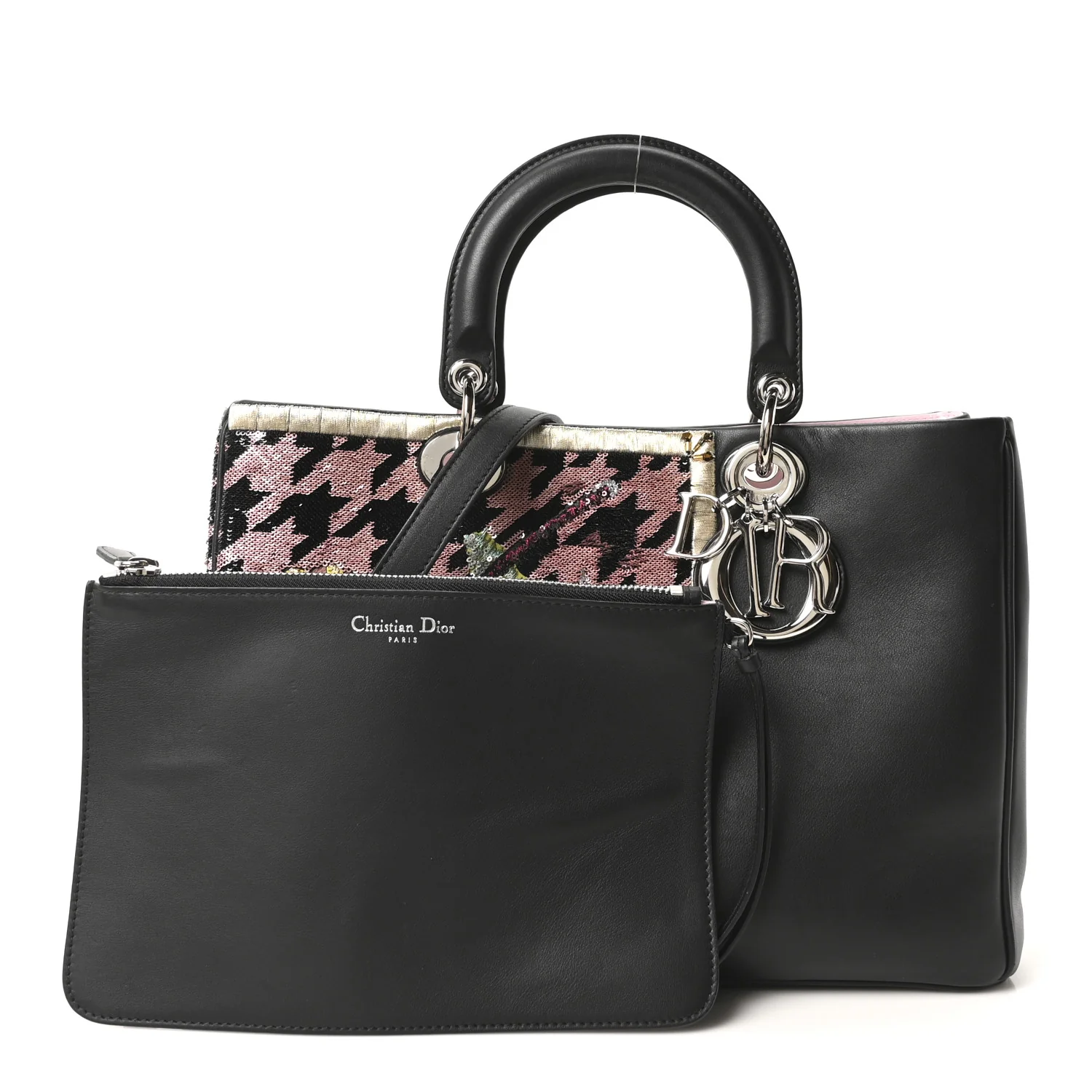 Smooth Calfskin Sequin Houndstooth Embroidered Medium Diorissimo Black - Image 3