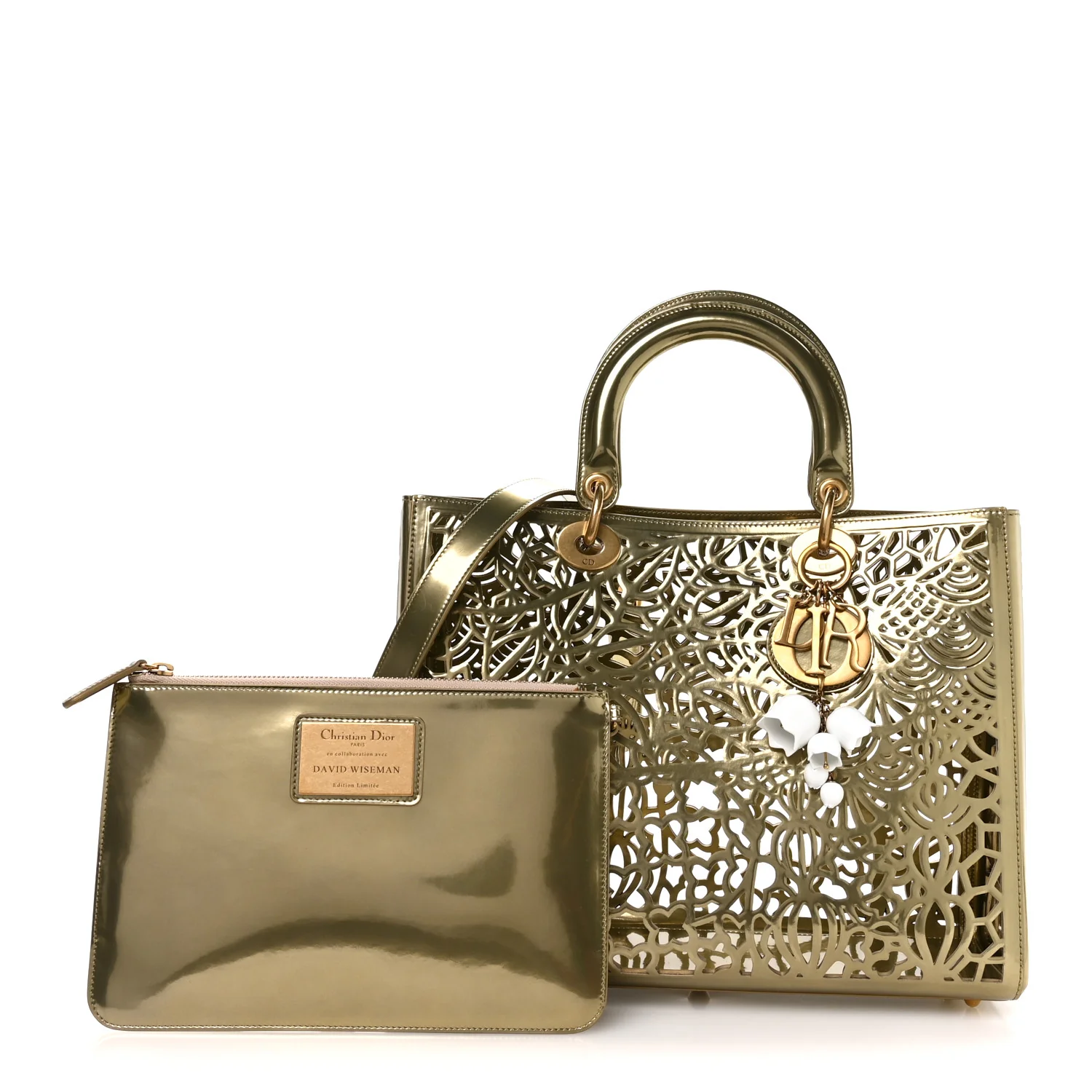 X DAVID WISEMAN Metallic Calfskin Laser Cut Large Lady Dior Gold - Image 2