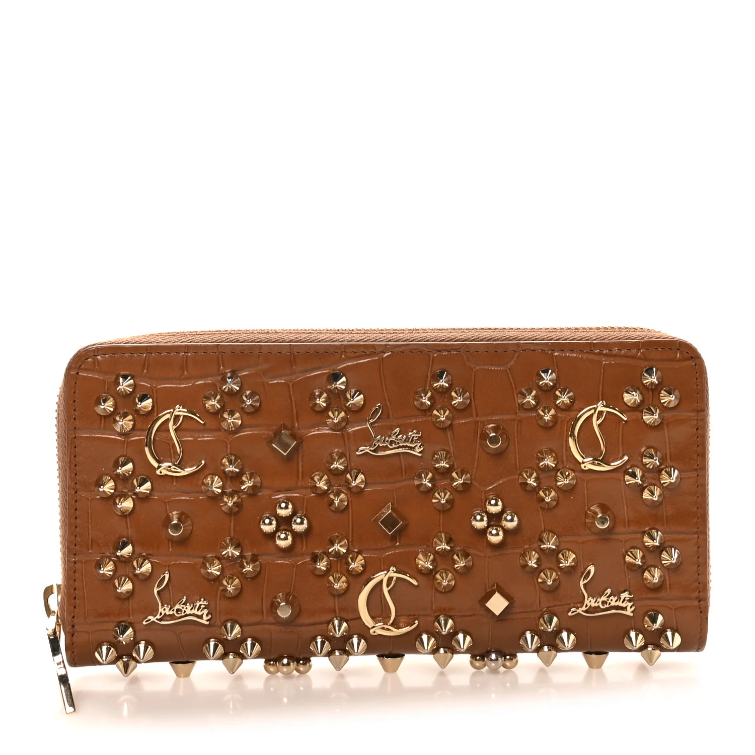 Calfskin Crocodile Embossed Loubinthesky Panettone Zip Around Wallet Biscotto Gold
