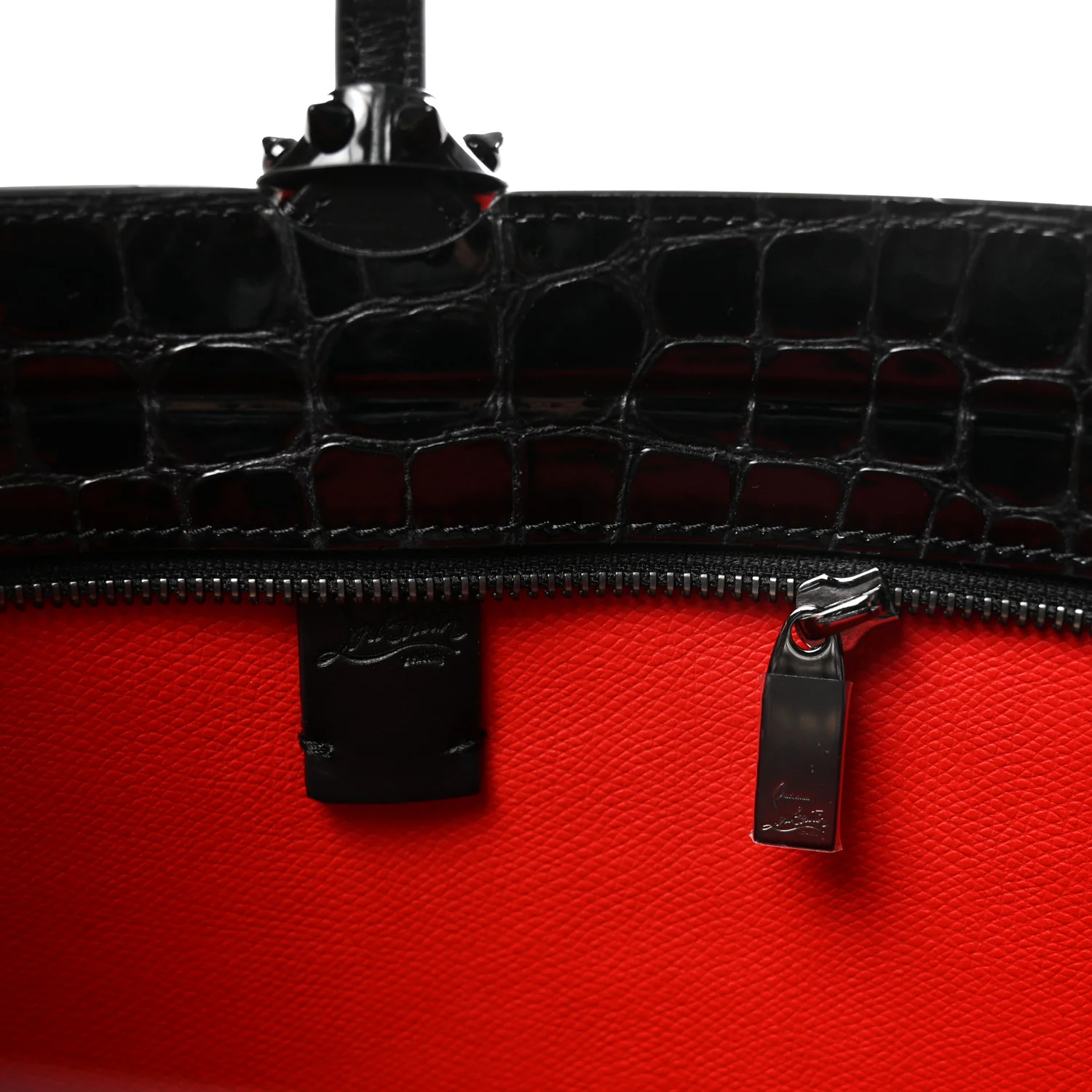 Patent Calfskin Crocodile Embossed Spikes Zipped Cabata Tote Black - Image 6