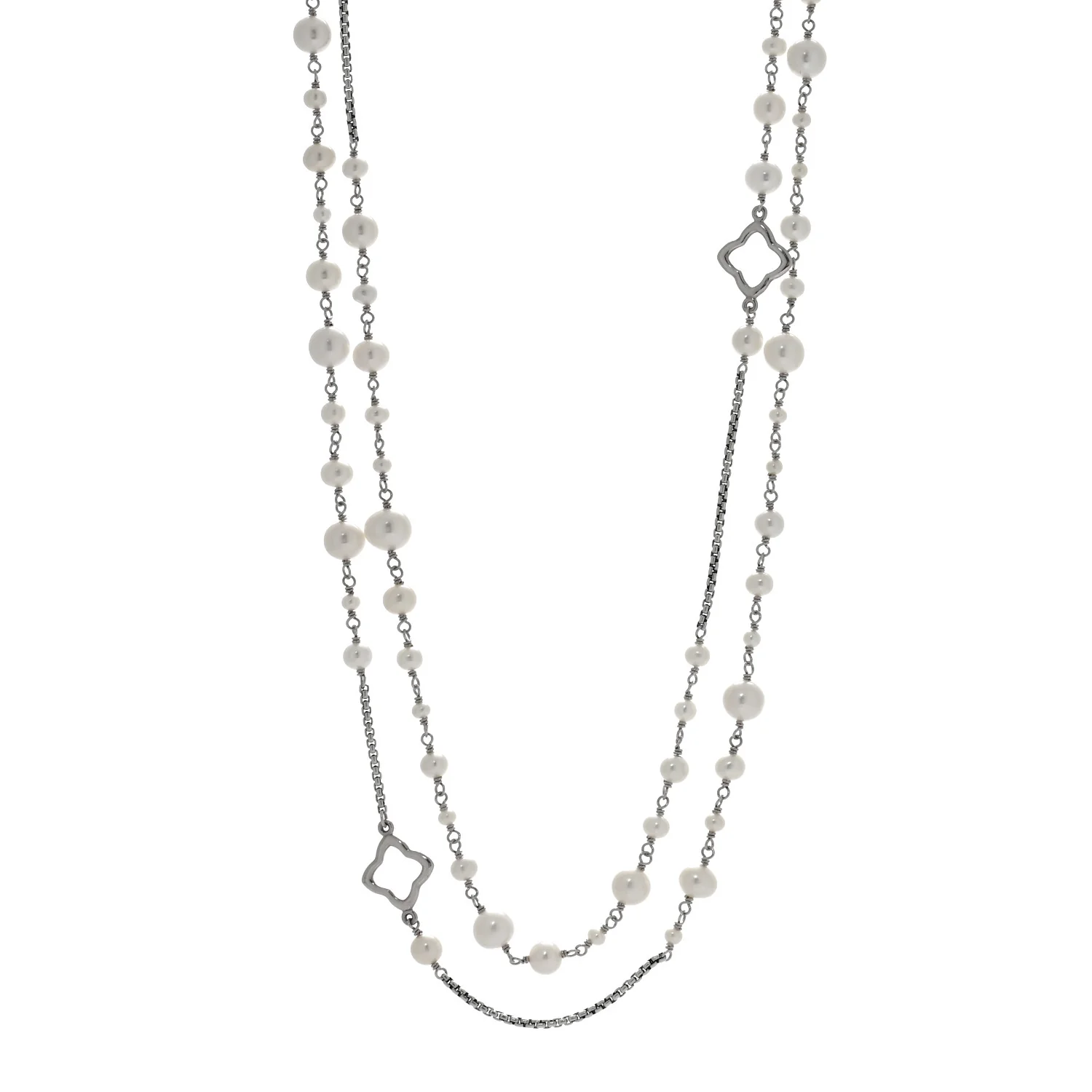 Sterling Silver Cultured Pearl Quatrefoil Long Chain Necklace