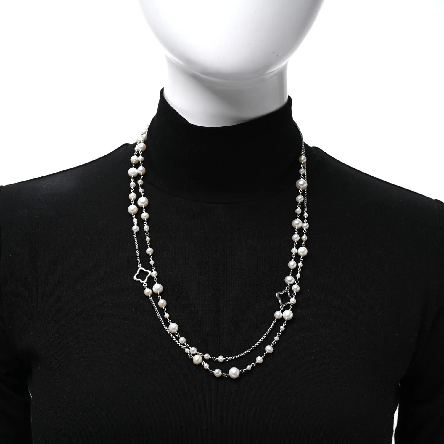 Sterling Silver Cultured Pearl Quatrefoil Long Chain Necklace - Image 2