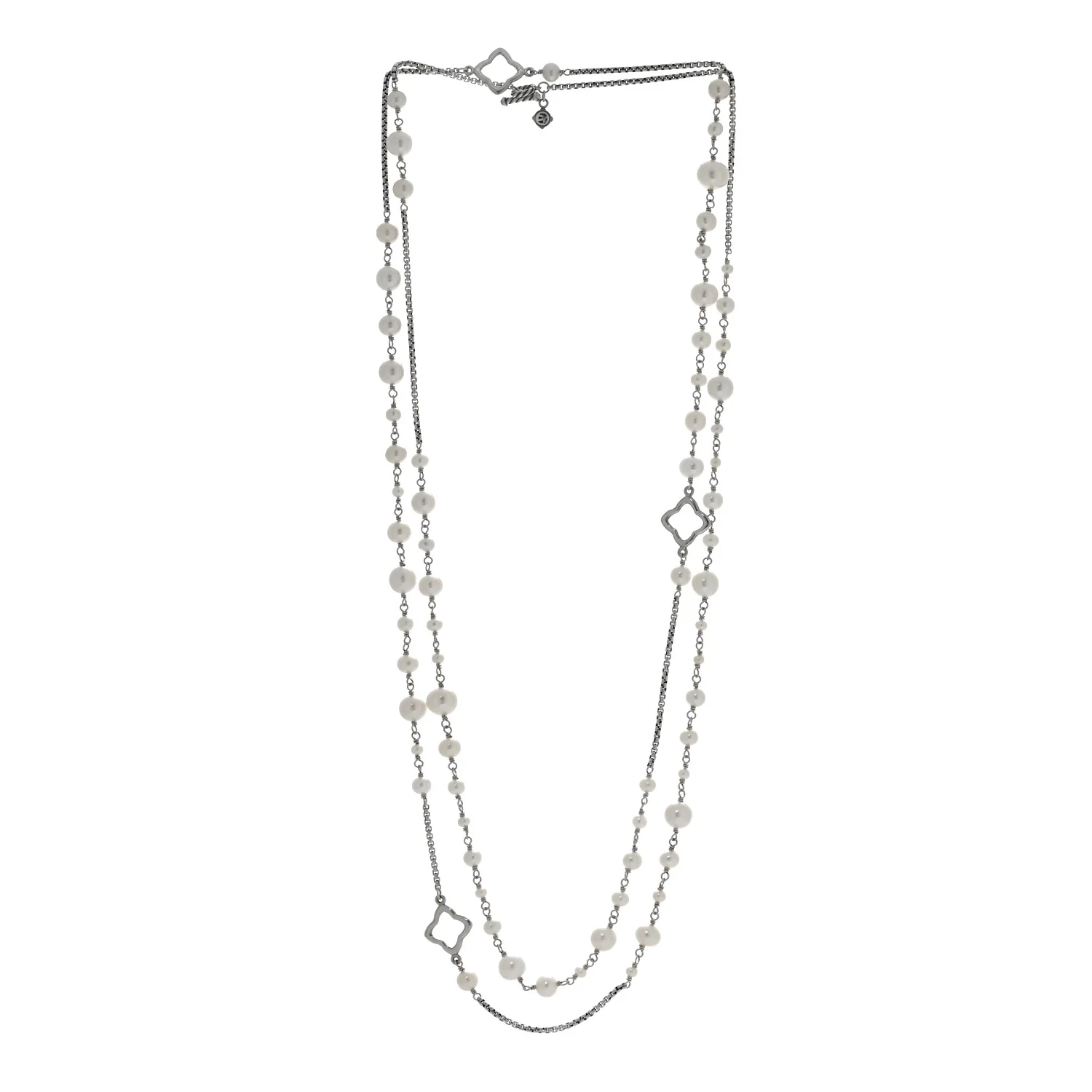 Sterling Silver Cultured Pearl Quatrefoil Long Chain Necklace - Image 3