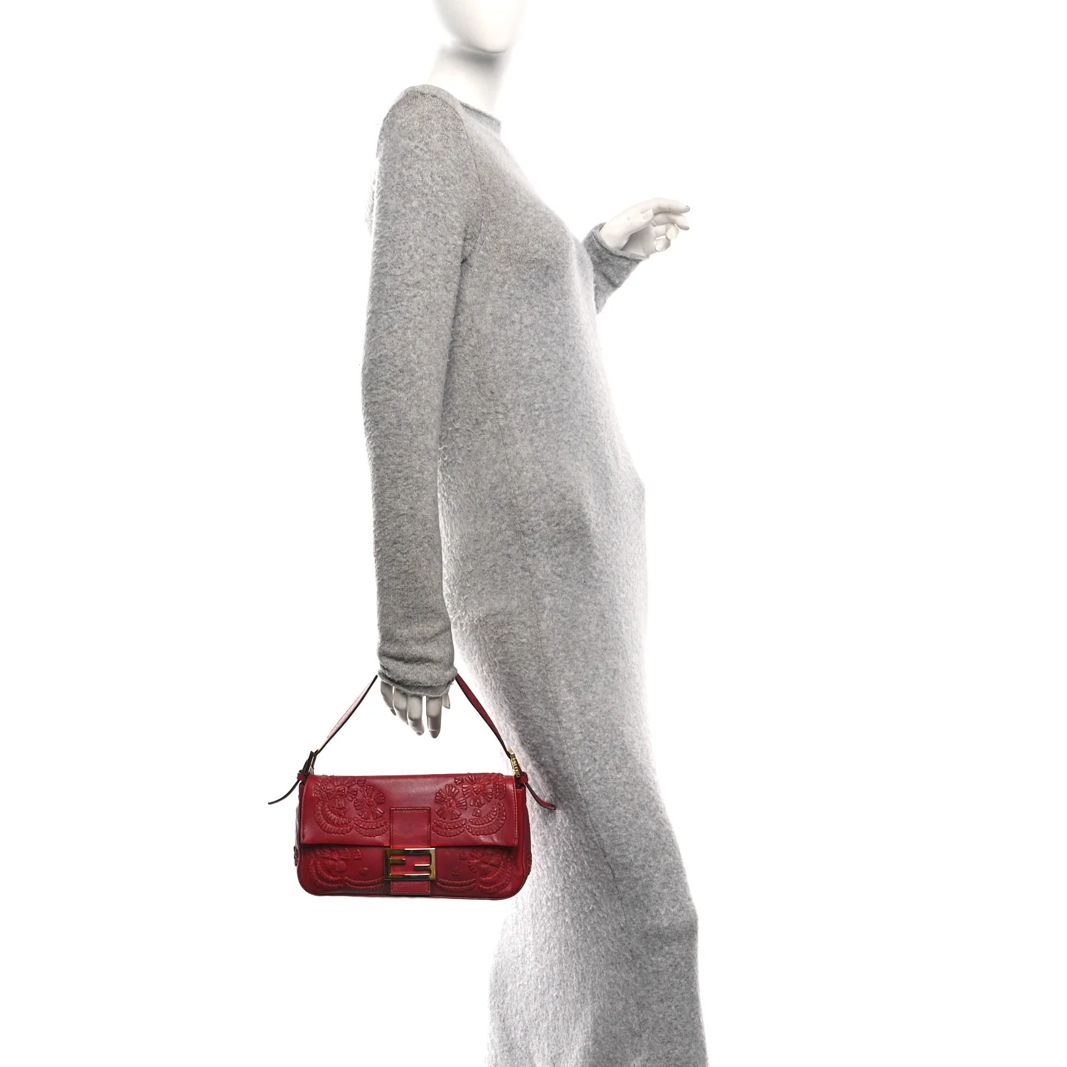 Calfskin Floral Stitched Baguette Red - Image 2