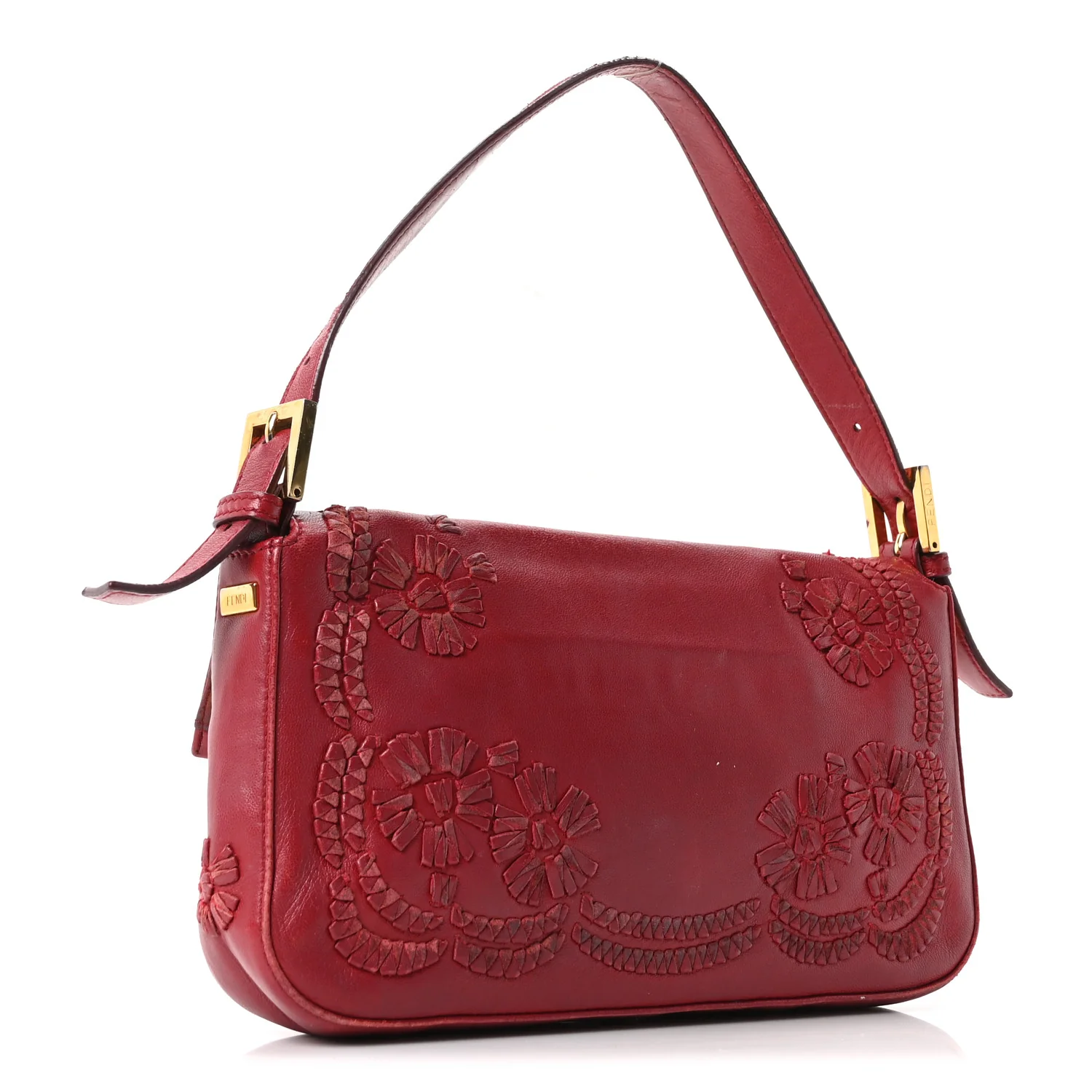 Calfskin Floral Stitched Baguette Red - Image 3