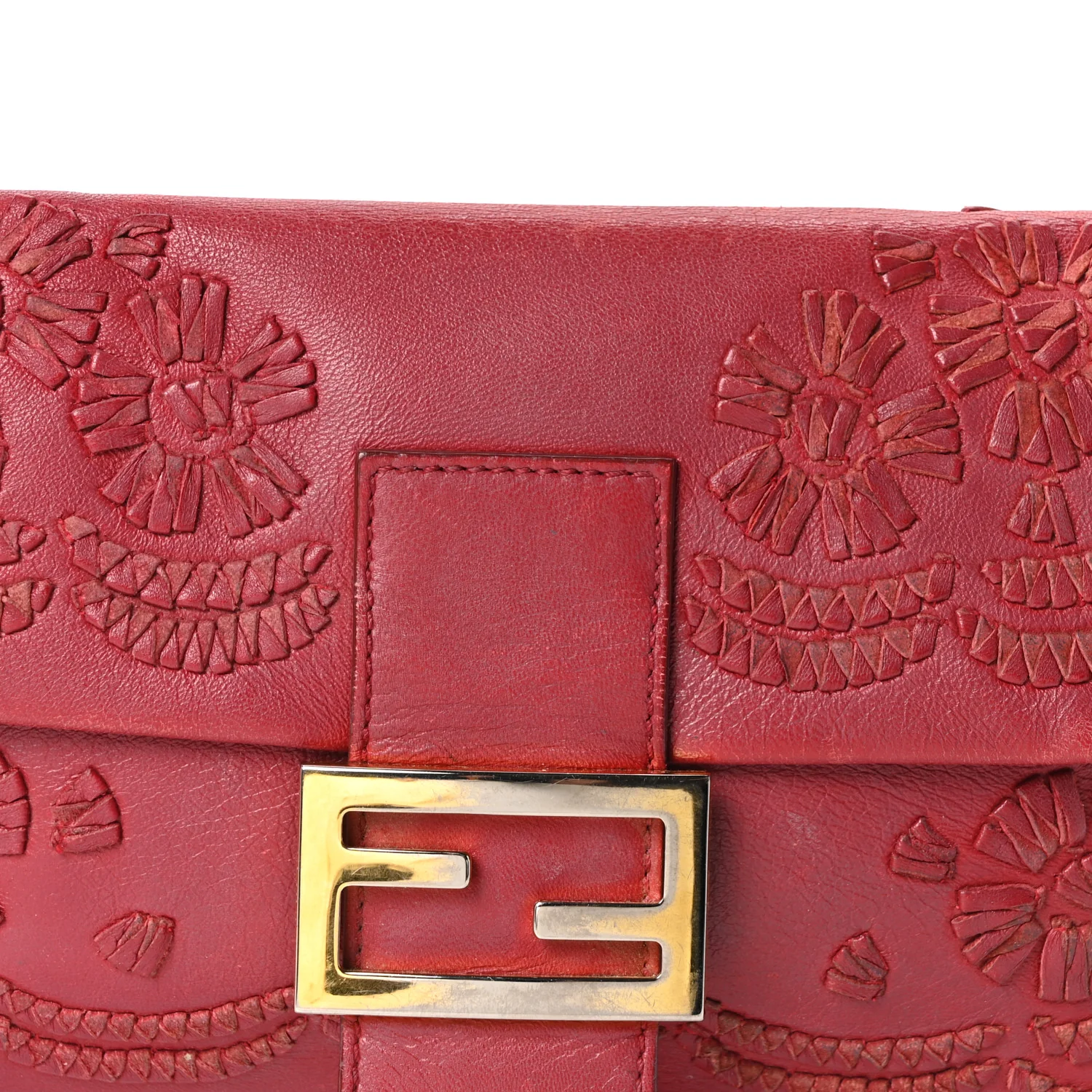 Calfskin Floral Stitched Baguette Red - Image 7