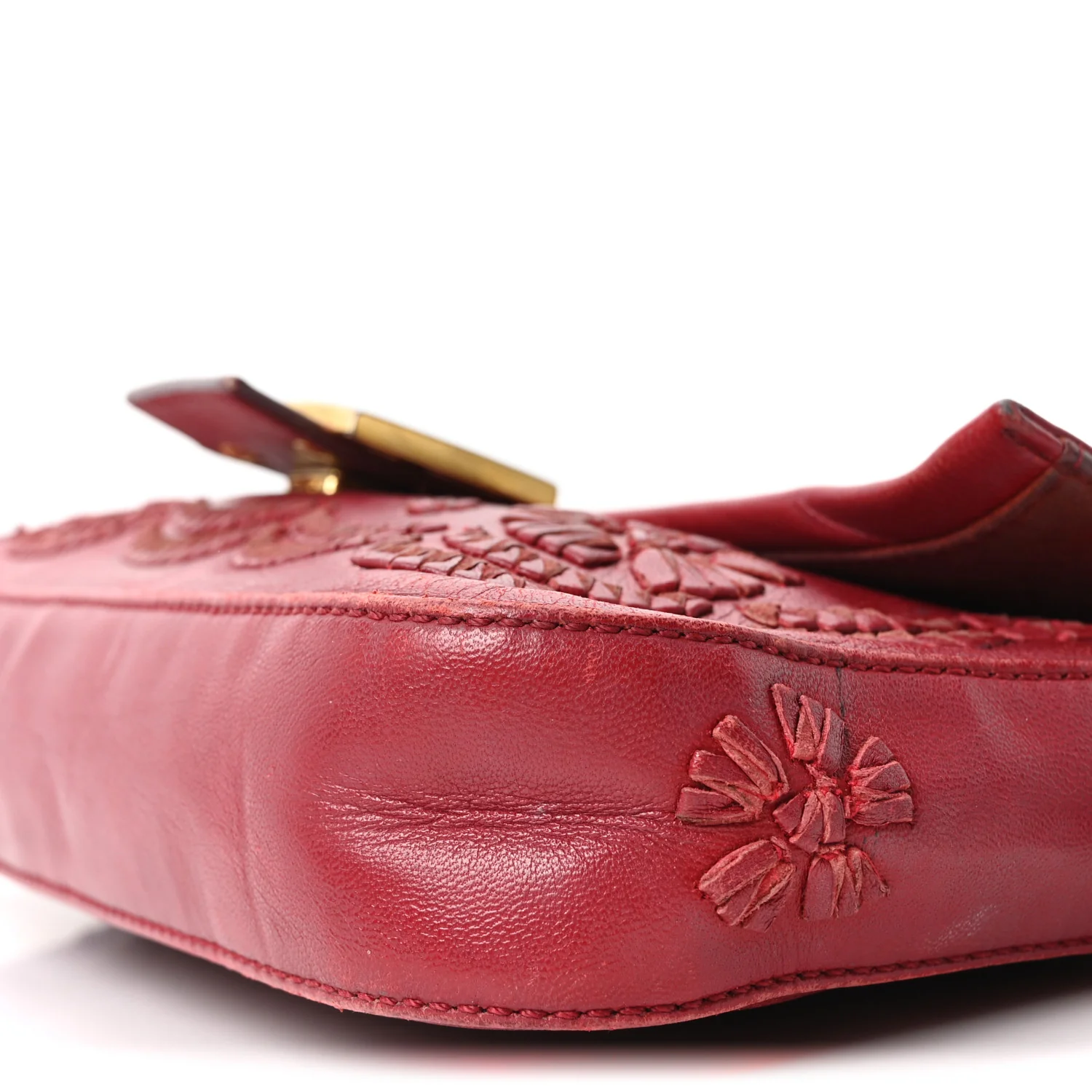 Calfskin Floral Stitched Baguette Red - Image 9