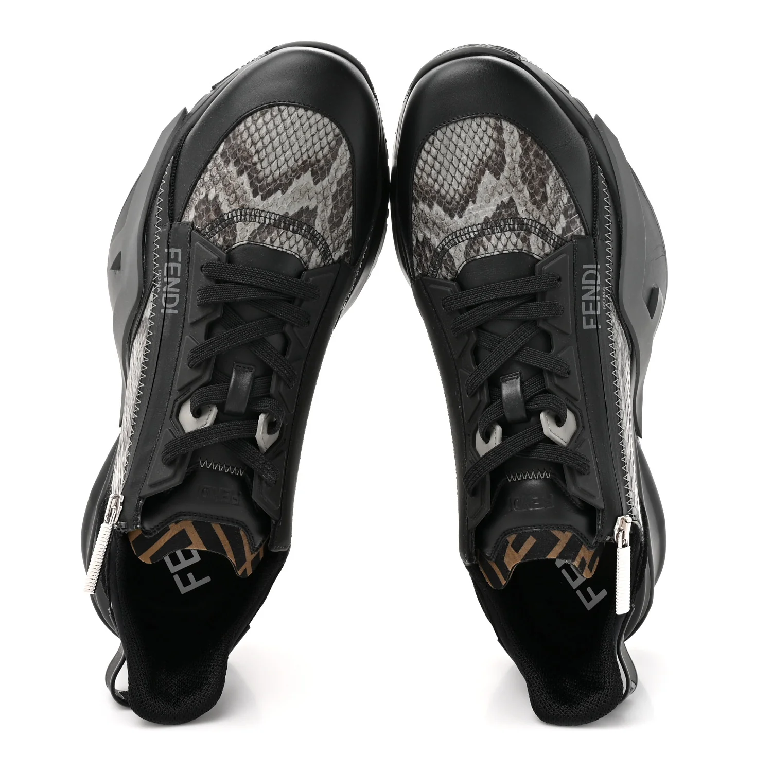 Calfskin Suede Snakeskin Mens Fendi Flow Low Top Sneakers 12 Asfalto Black Tabacco - Image 2