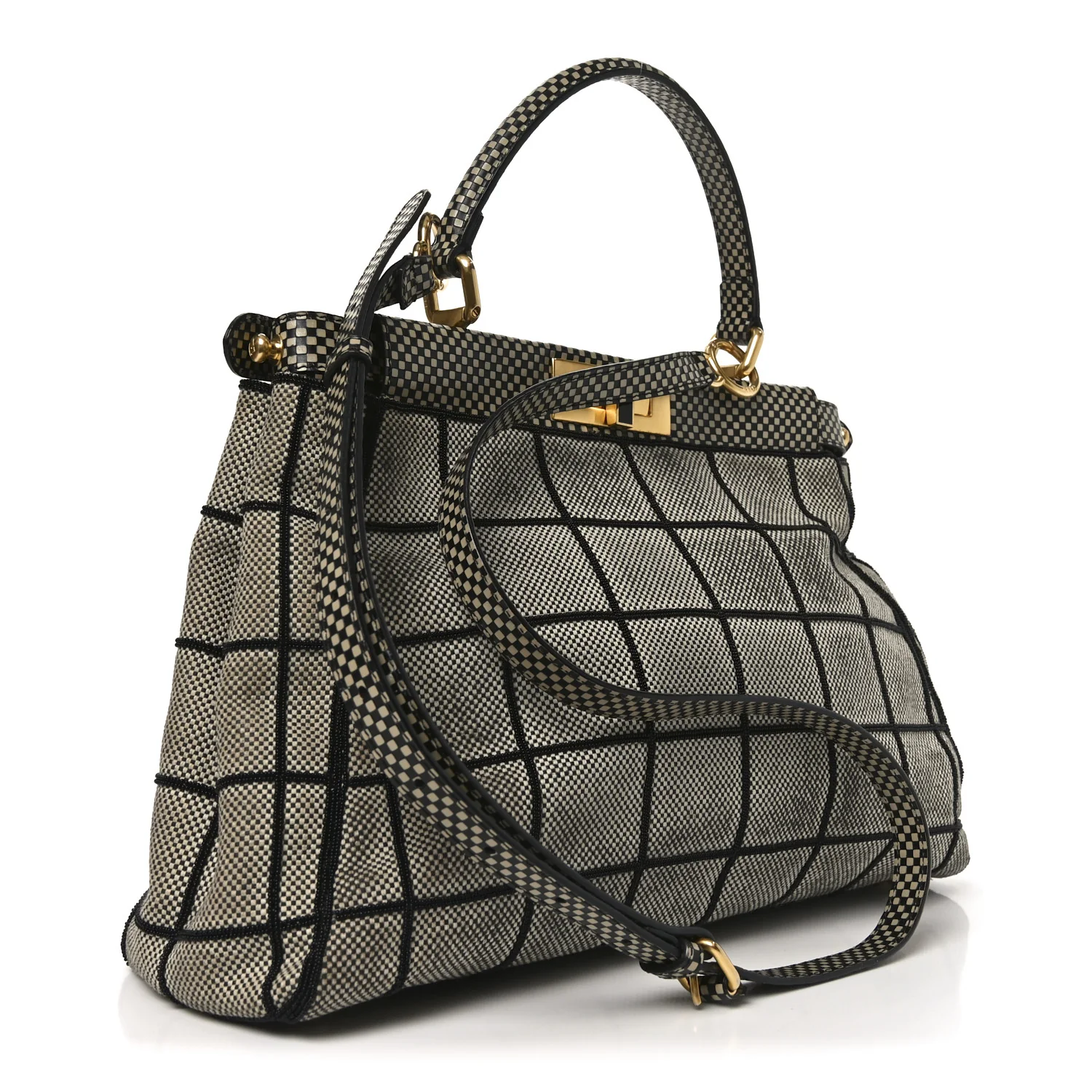 Canvas Calfskin Embroidered Medium Peekaboo Iconic Satchel Black Beige Multicolor - Image 3
