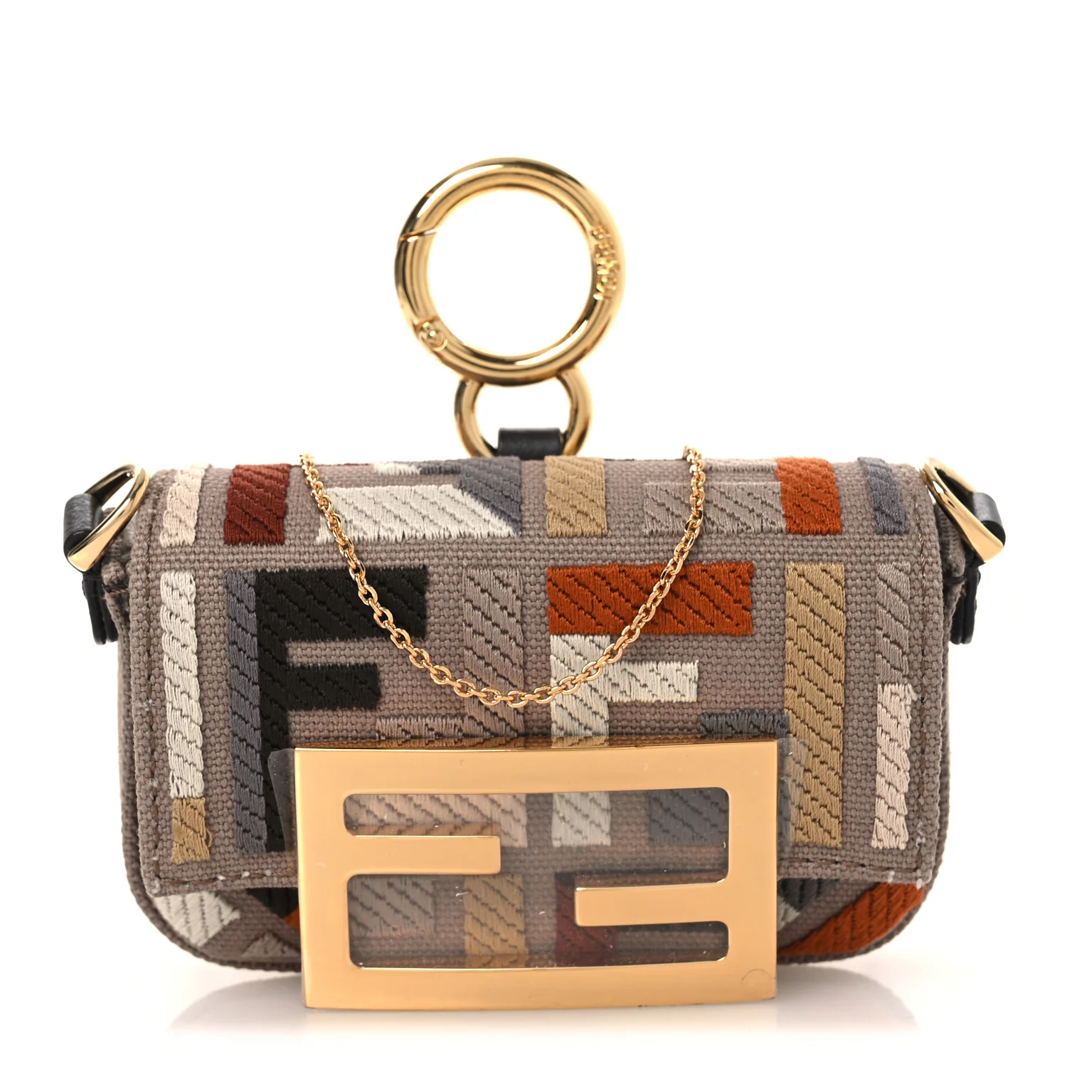 Canvas Vitello King FF Embroidered Nano Maxi Buckle Baguette Charm Tartufo Ebano