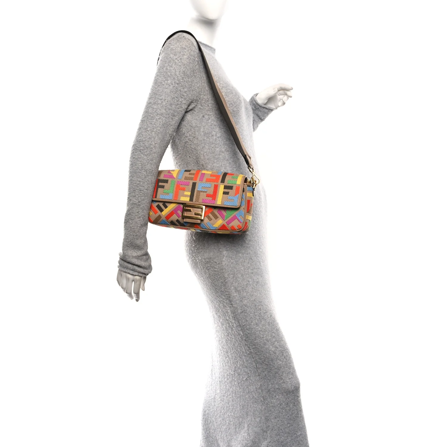 Canvas Vitello King FF Multicolor Embroidered Baguette Multicolor Cuoio - Image 2