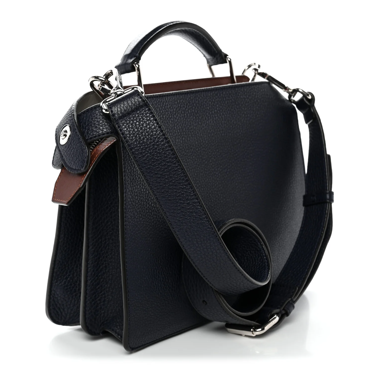 Cuoio Romano Vitello Cover Glazed Fabric Bi-Color FF 1974 Mini Peekaboo I SEE U Satchel Blue Dark Brown Tobacco Moro - Image 3