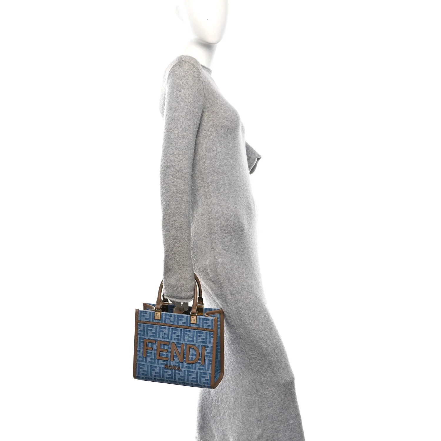 Denim Jacquard Vitello Grace FF 1974 Small Fendi Sunshine Shopper Tote Denim Sand - Image 2