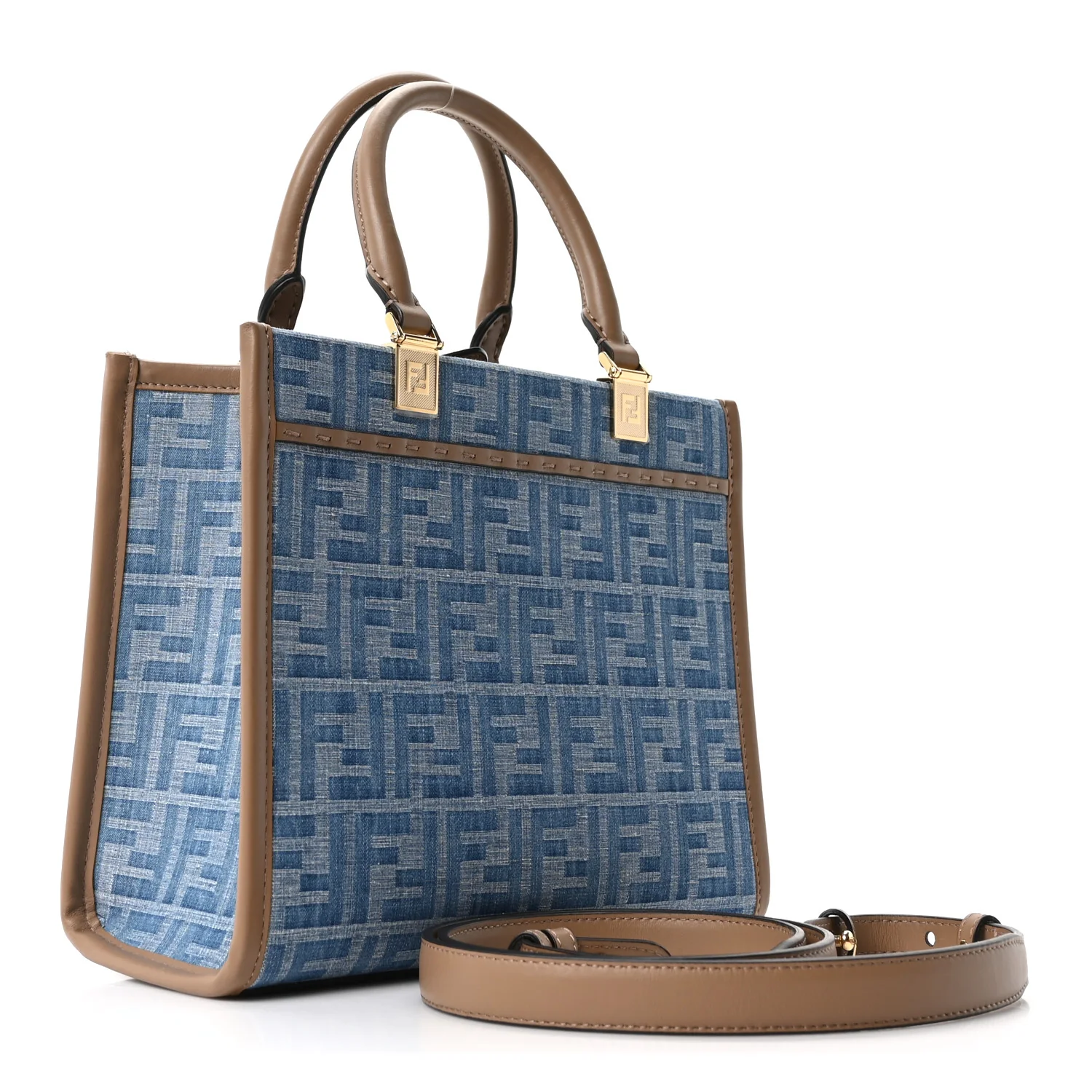 Denim Jacquard Vitello Grace FF 1974 Small Fendi Sunshine Shopper Tote Denim Sand - Image 3