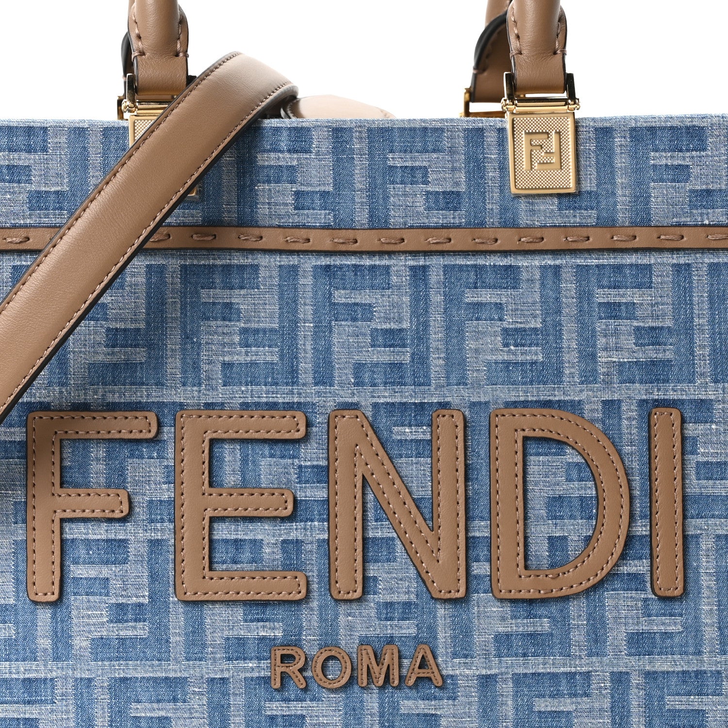 Denim Jacquard Vitello Grace FF 1974 Small Fendi Sunshine Shopper Tote Denim Sand - Image 7
