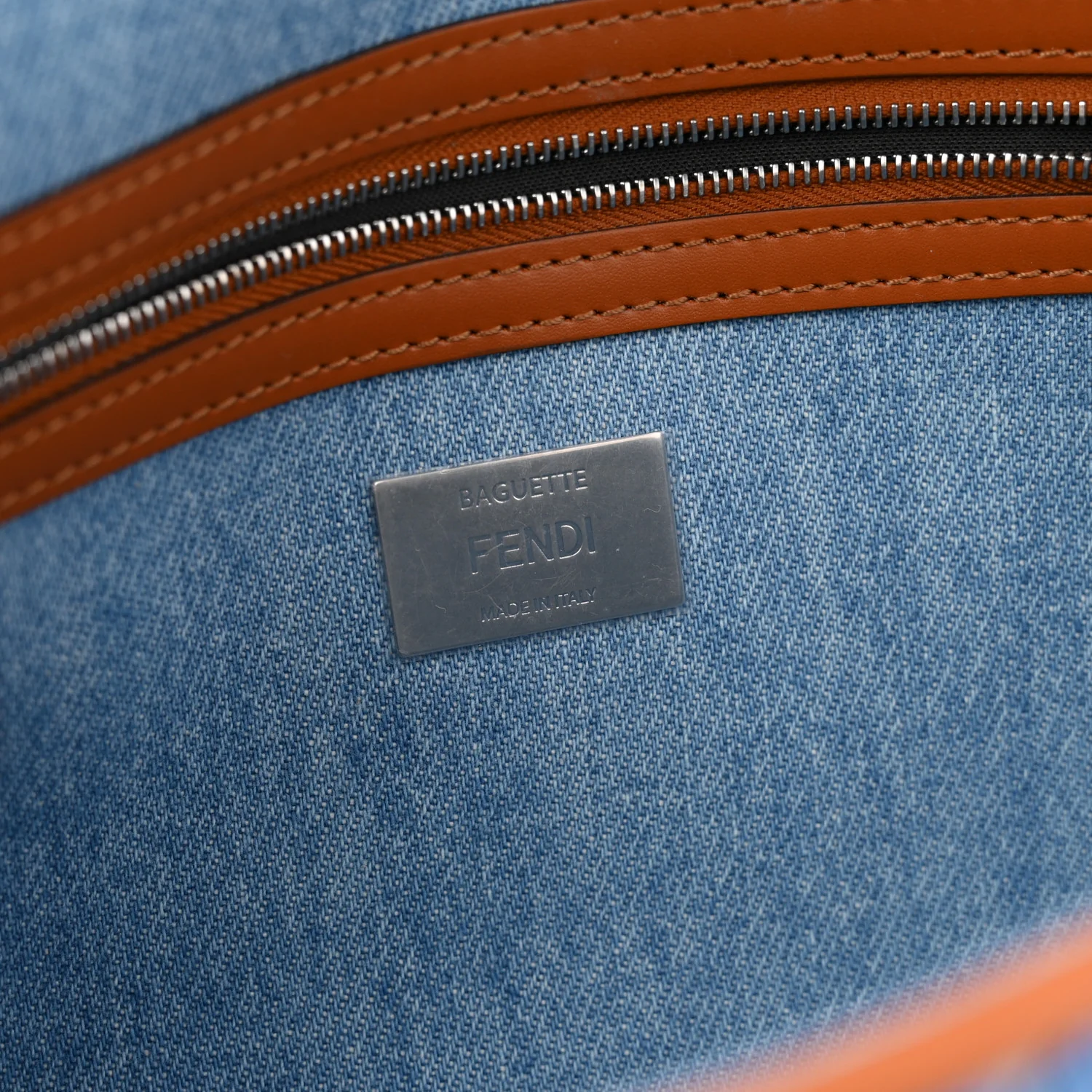 Denim Vitello King FF Embroidered Baguette Denim Chiaro Brandy - Image 6