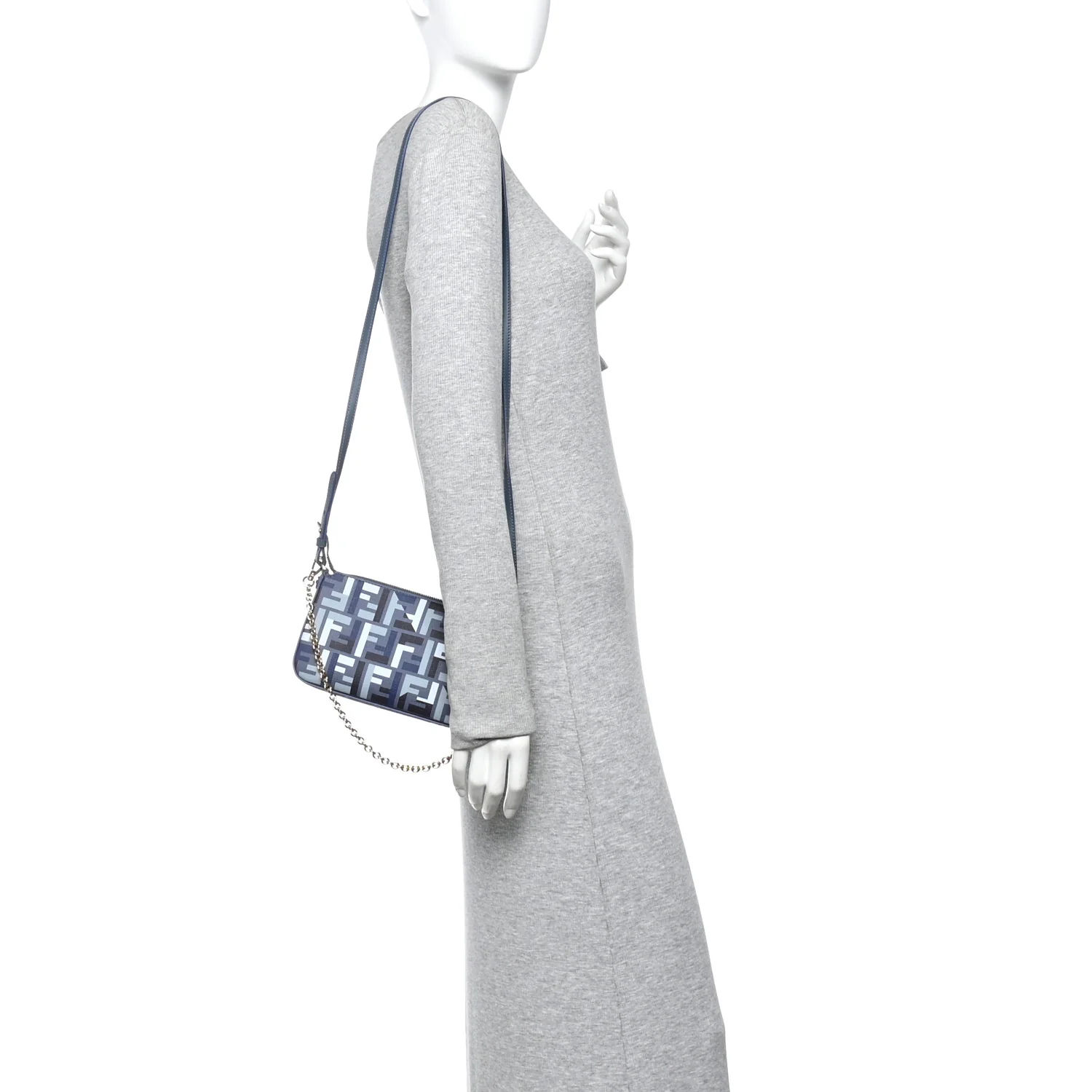 Fabric Jacquard Vitello Grace FF 1974 Baguette Pouch Blue - Image 2