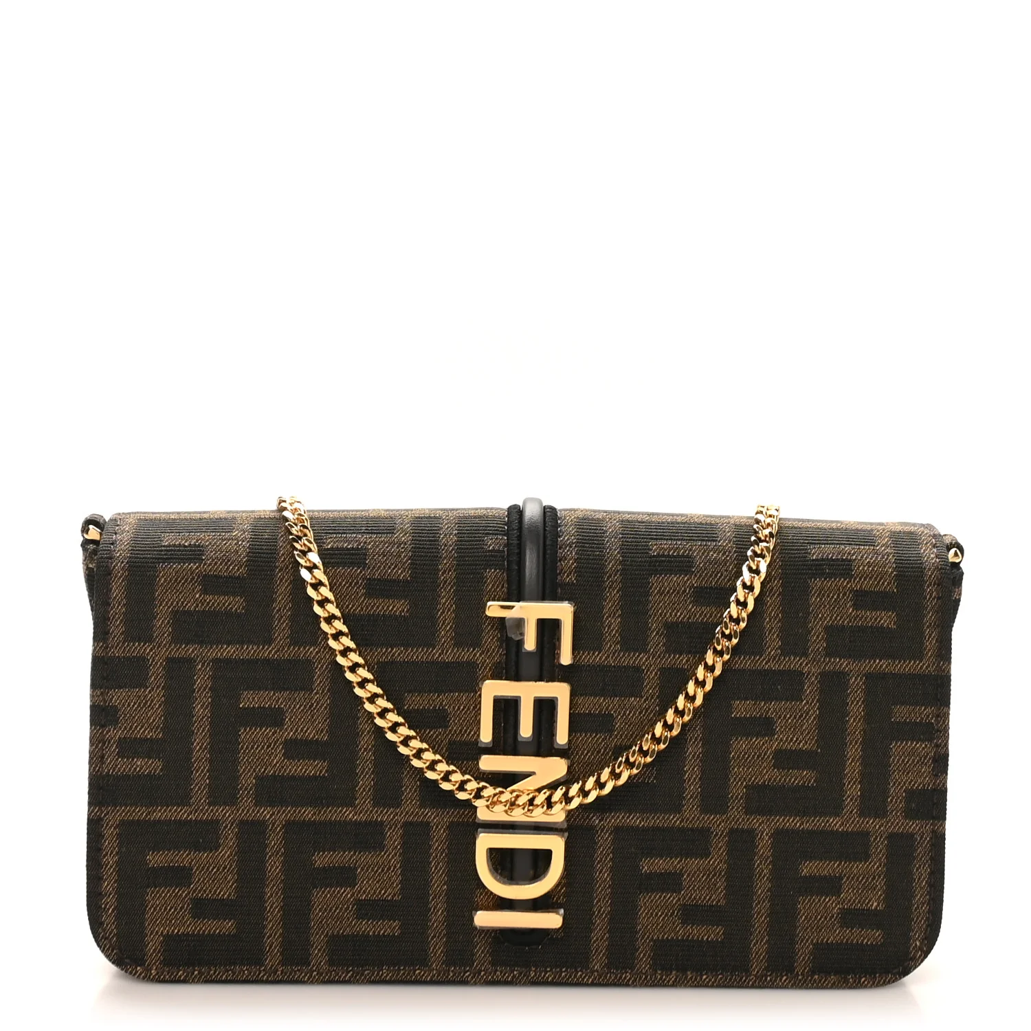 Fabric Jacquard Vitello Grace FF 1974 Fendigraphy Wallet On Chain Tobacco Moro Ebano - Image 4
