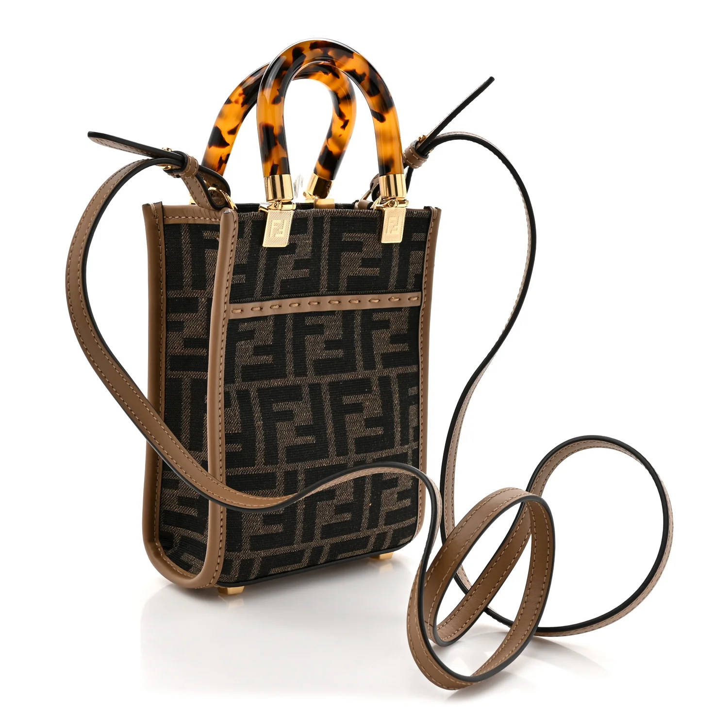 Fabric Jacquard Vitello King Plexiglass FF 1974 Mini Fendi Sunshine Shopper Tote Tobacco Moro Sand - Image 3