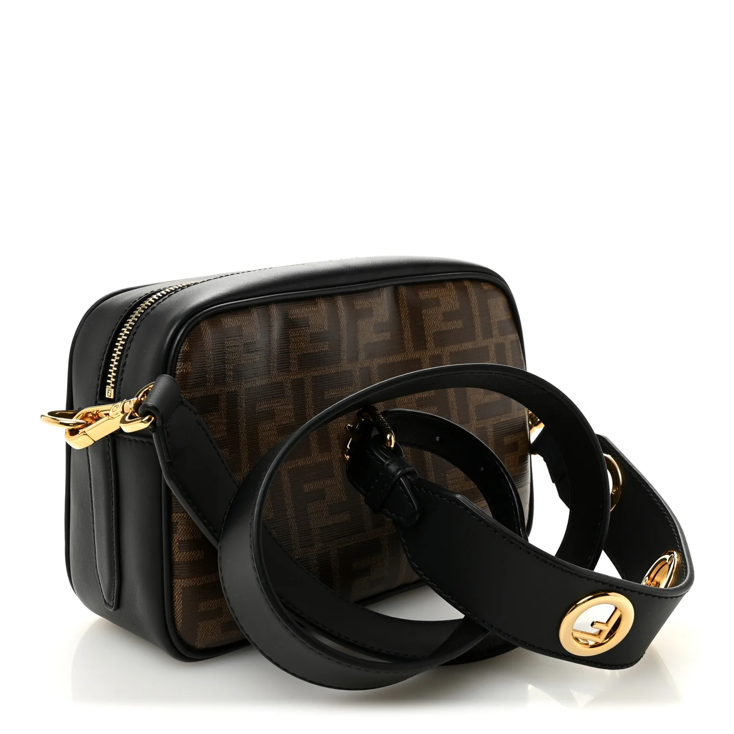 Glazed Fabric Vitello Century F is Fendi FF 1974 Stamp Patch Camera Case Mogano Panna Black - Image 3