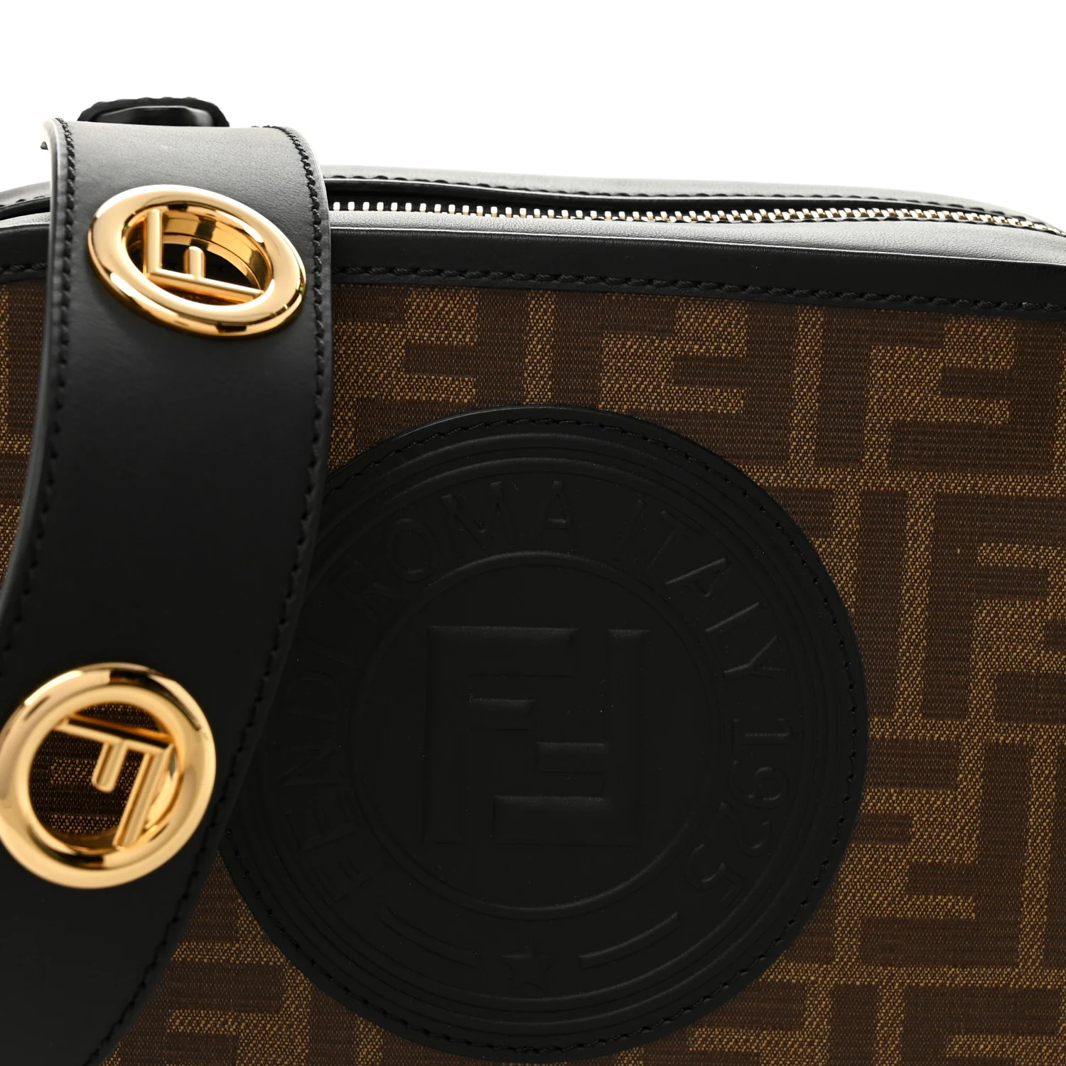 Glazed Fabric Vitello Century F is Fendi FF 1974 Stamp Patch Camera Case Mogano Panna Black - Image 8
