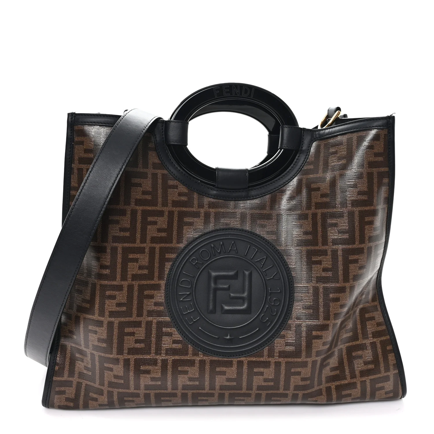 Glazed Fabric Vitello Century Plexiglass FF 1974 Stamp Patch Medium Runaway Shopper Tote Mogano Panna Black