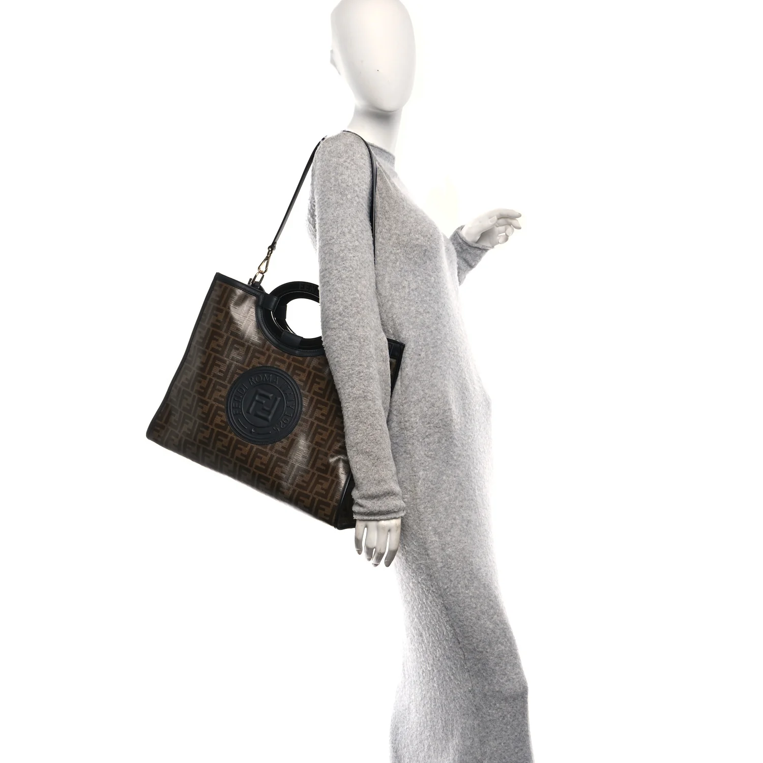 Glazed Fabric Vitello Century Plexiglass FF 1974 Stamp Patch Medium Runaway Shopper Tote Mogano Panna Black - Image 2