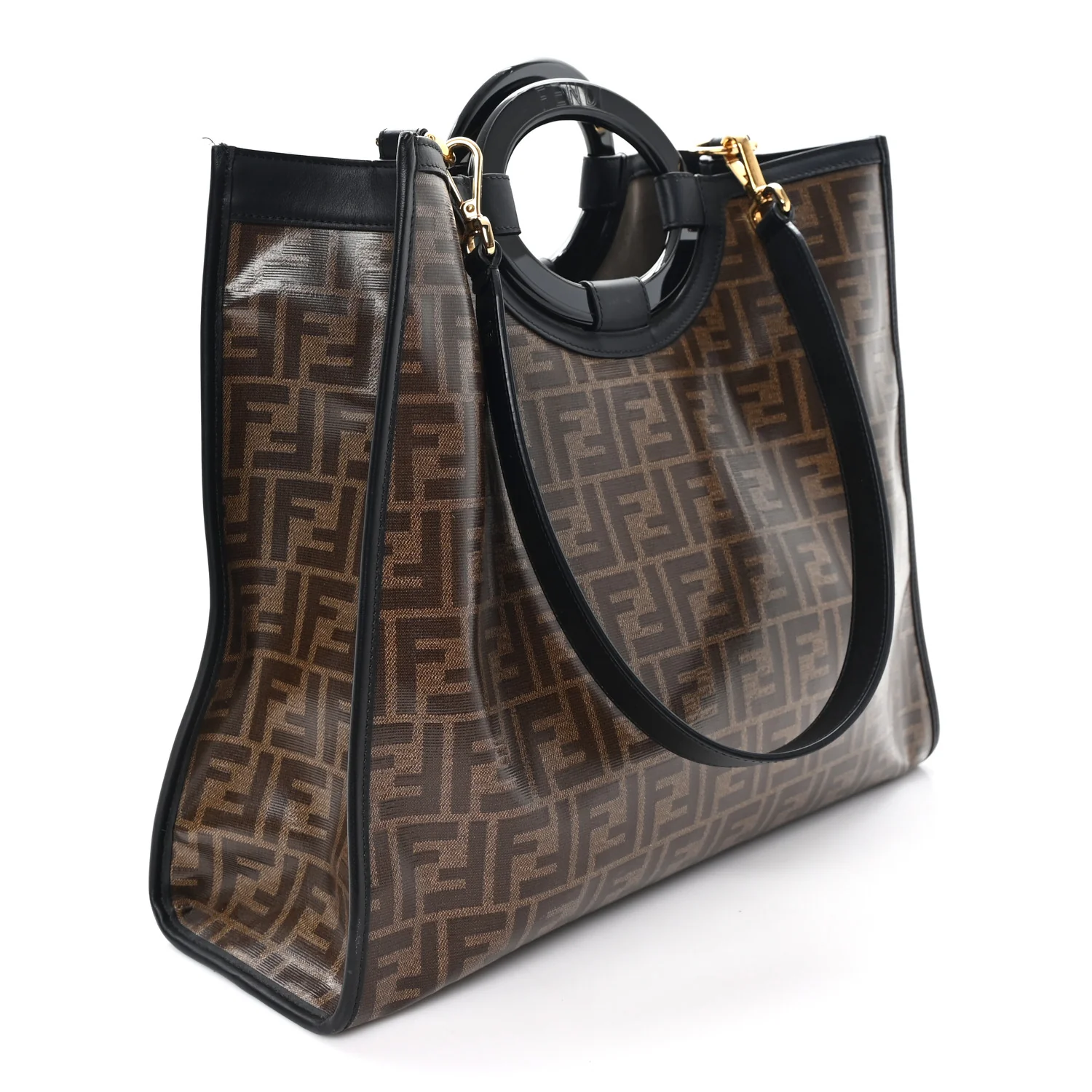 Glazed Fabric Vitello Century Plexiglass FF 1974 Stamp Patch Medium Runaway Shopper Tote Mogano Panna Black - Image 3