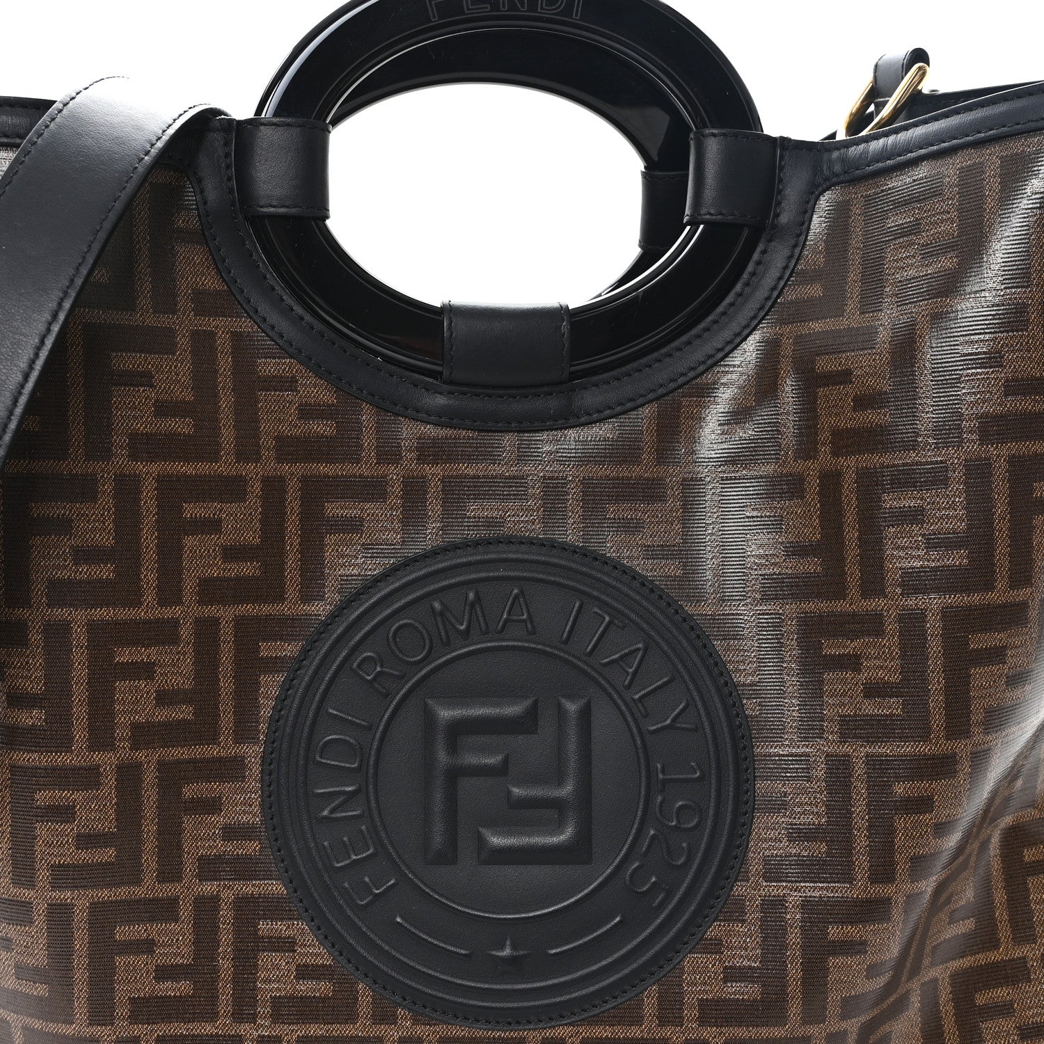 Glazed Fabric Vitello Century Plexiglass FF 1974 Stamp Patch Medium Runaway Shopper Tote Mogano Panna Black - Image 9