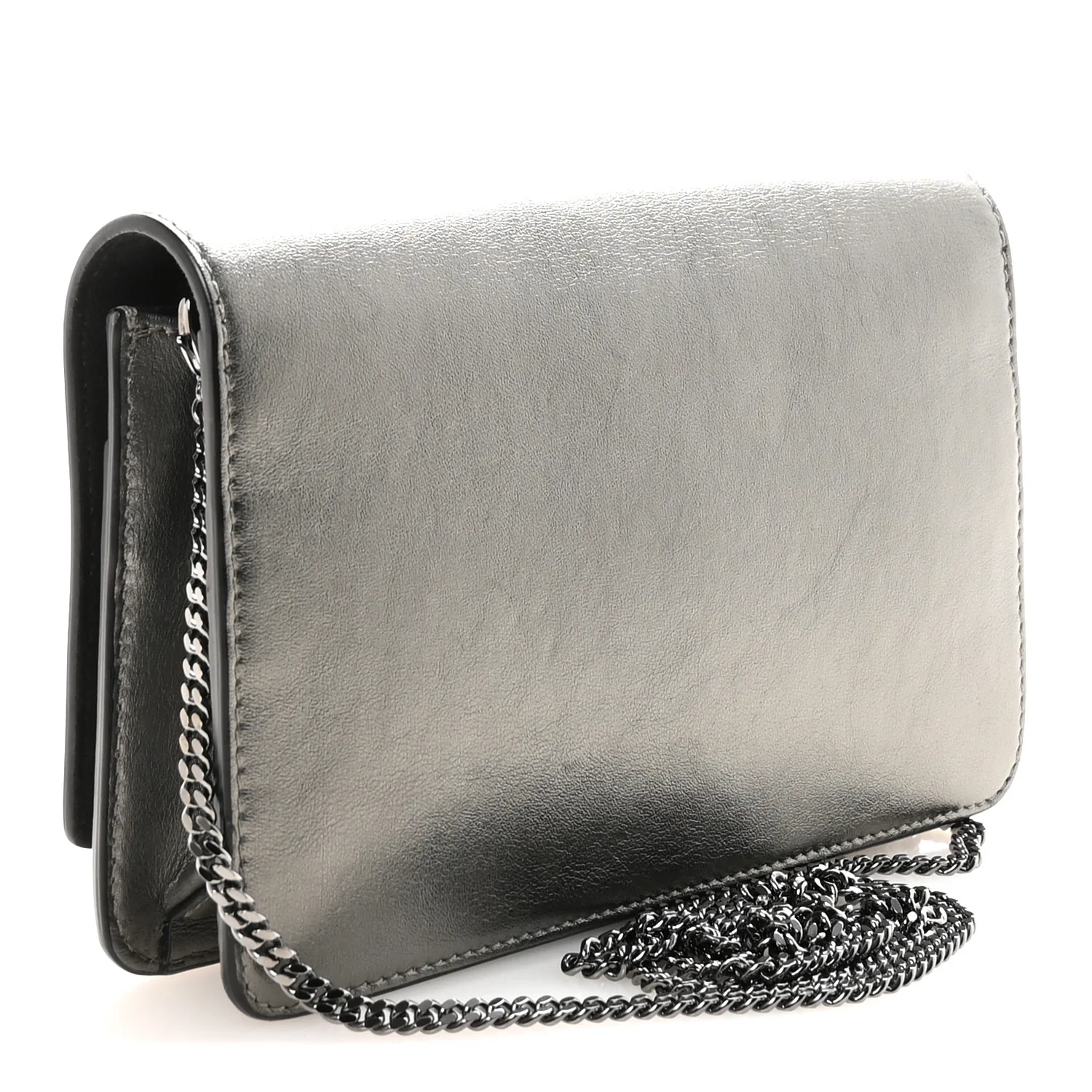Glossy Calfskin Crystal Studded Tube Wallet On Chain Graphite - Image 3