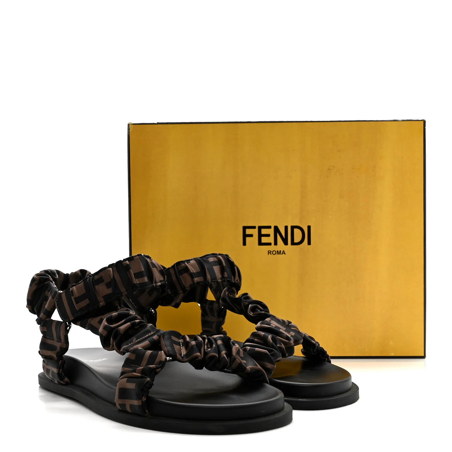 Satin FF Ruched Sandals 40 Tobacco Black - Image 9
