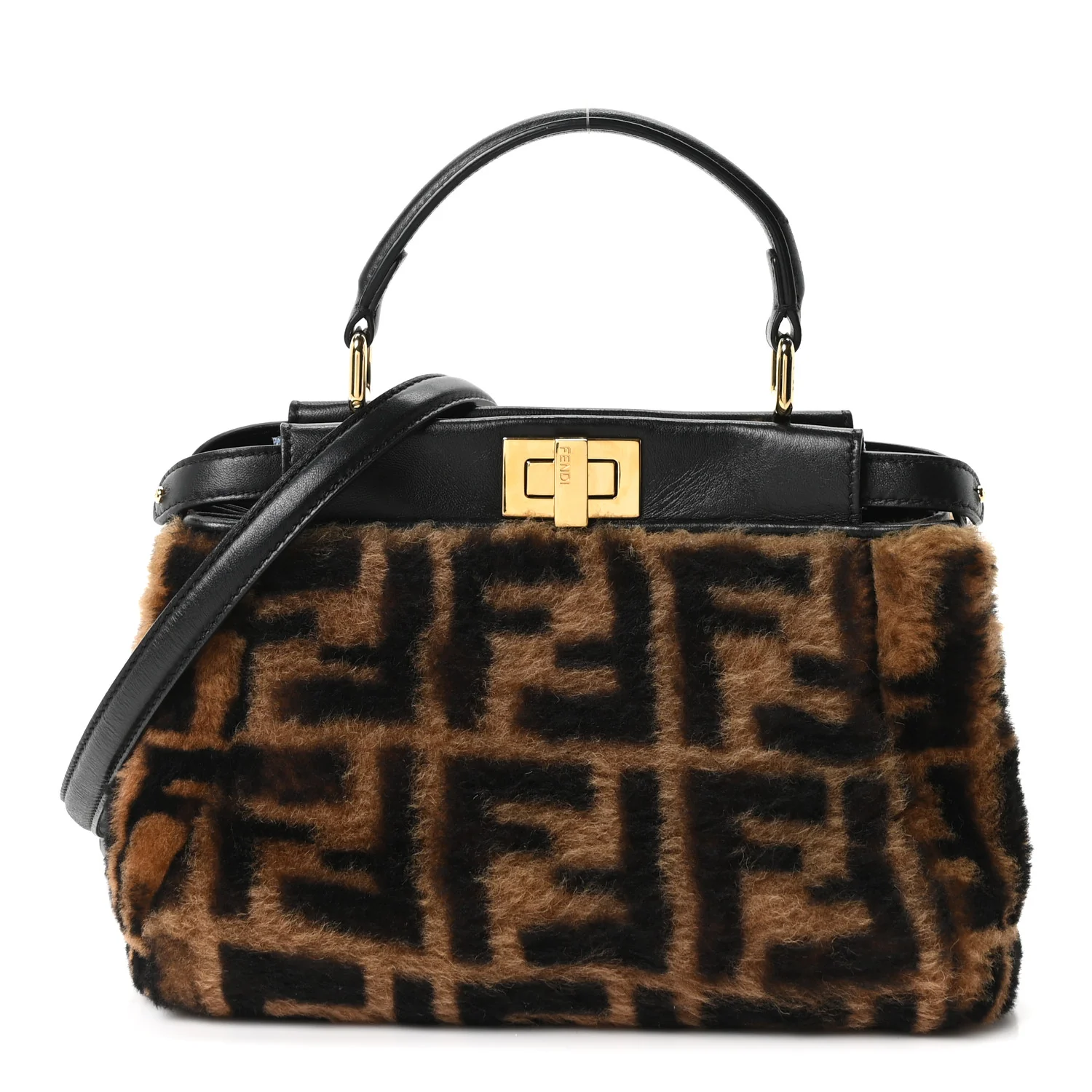 Shearling Nappa Macro FF 1974 Mini Peekaboo Iconic Satchel Tobacco Black