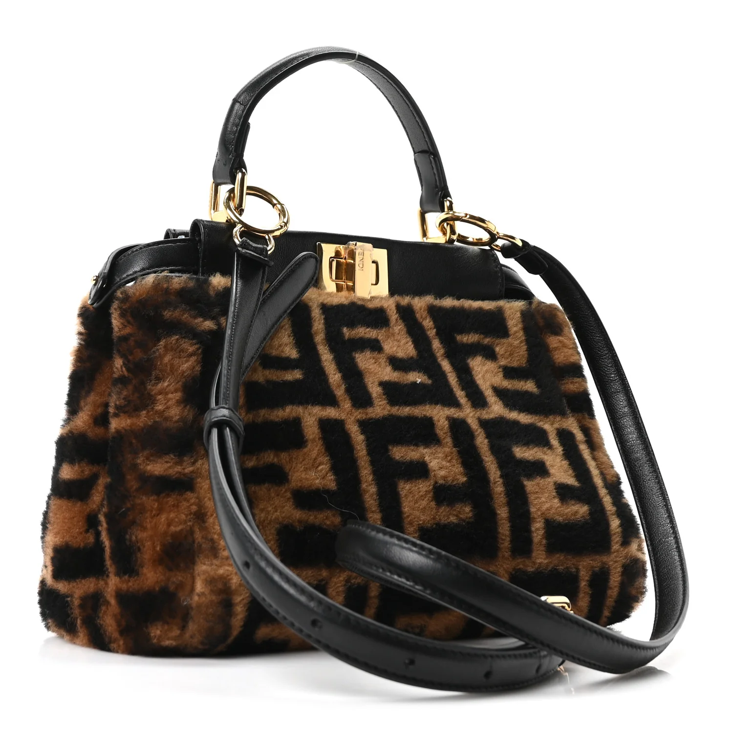 Shearling Nappa Macro FF 1974 Mini Peekaboo Iconic Satchel Tobacco Black - Image 4