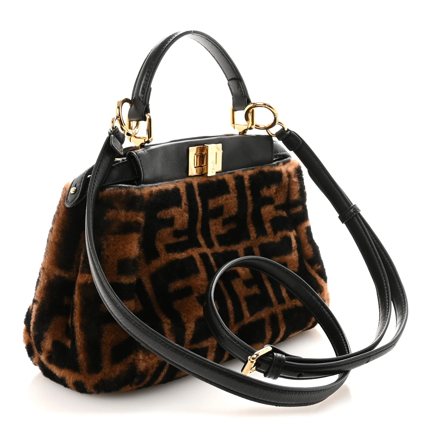 Shearling Nappa Macro FF 1974 Mini Peekaboo Iconic Satchel Tobacco Black - Image 3