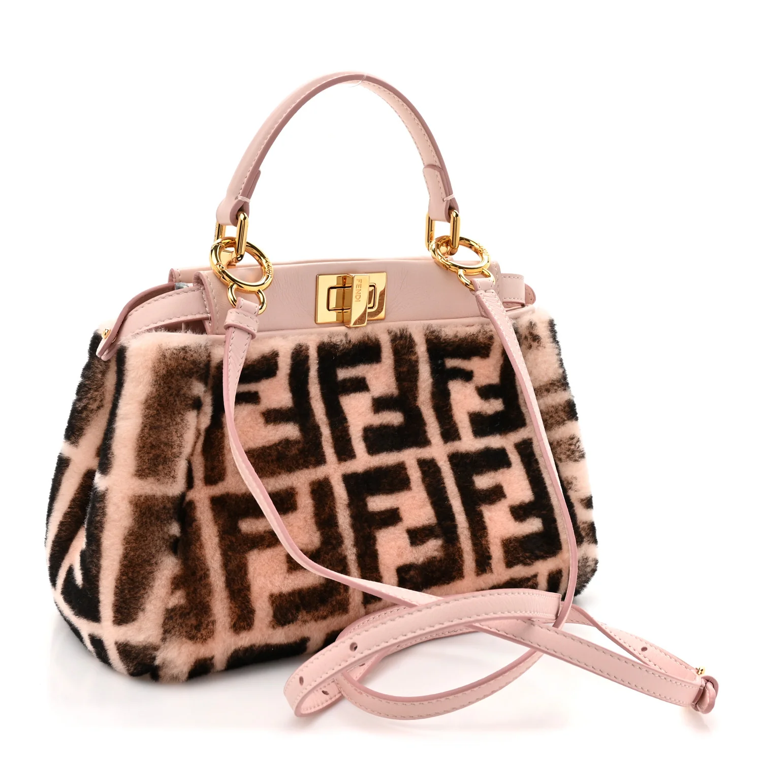 Shearling Nappa Macro FF 1974 Mini Peekaboo Iconic Satchel White Ice Cuoio Miele Scuro - Image 3