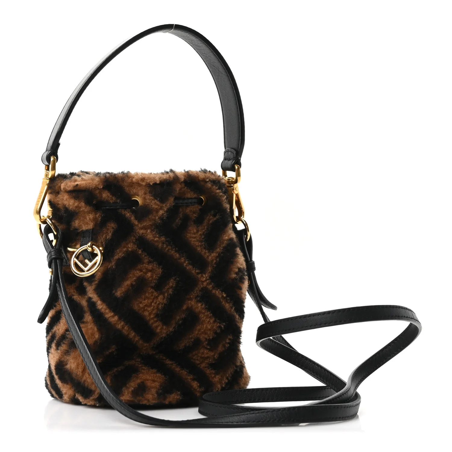 Shearling Vitello Dolce F is Fendi Macro FF 1974 Mini Mon Tresor Bucket Bag Tobacco Black - Image 2