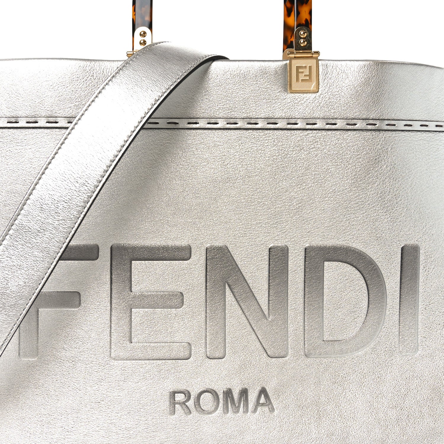 Vitello Catalan Mirror Plexiglass Logo Embossed Medium Fendi Sunshine Shopper Tote Argento - Image 7