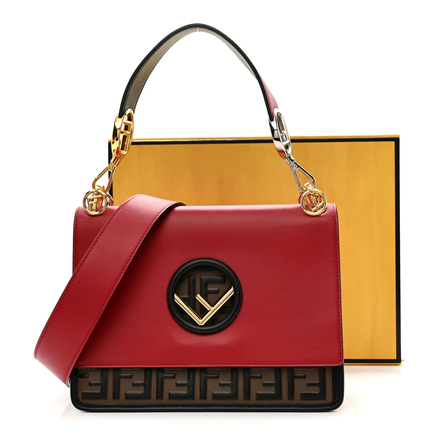Vitello Century F is Fendi Bi-Color FF 1974 Embossed Kan I Shoulder Bag Fragola Maya Black - Image 12