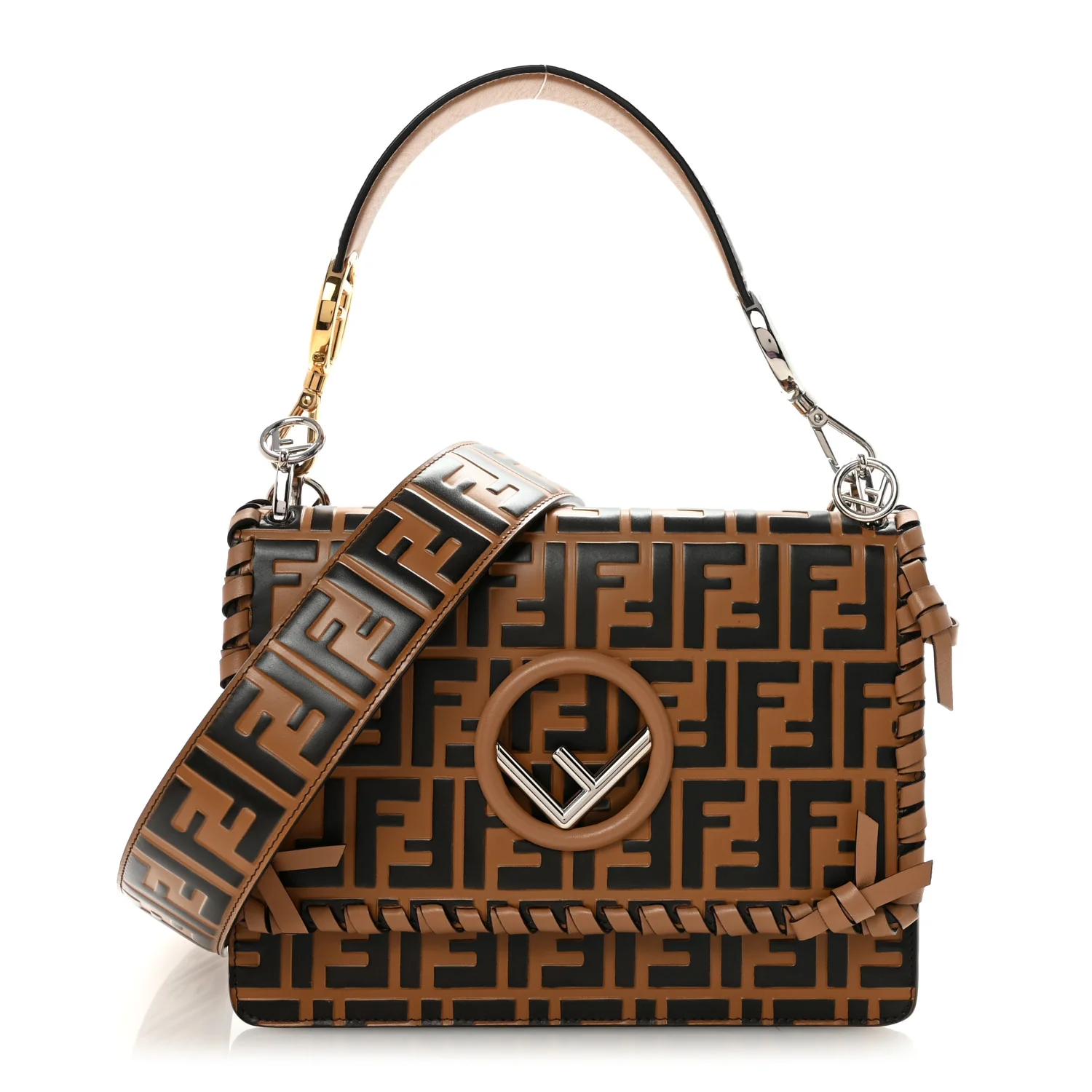 Vitello Century F is Fendi Whipstitch Threads FF Embossed Kan I Shoulder Bag Tobacco Orzo