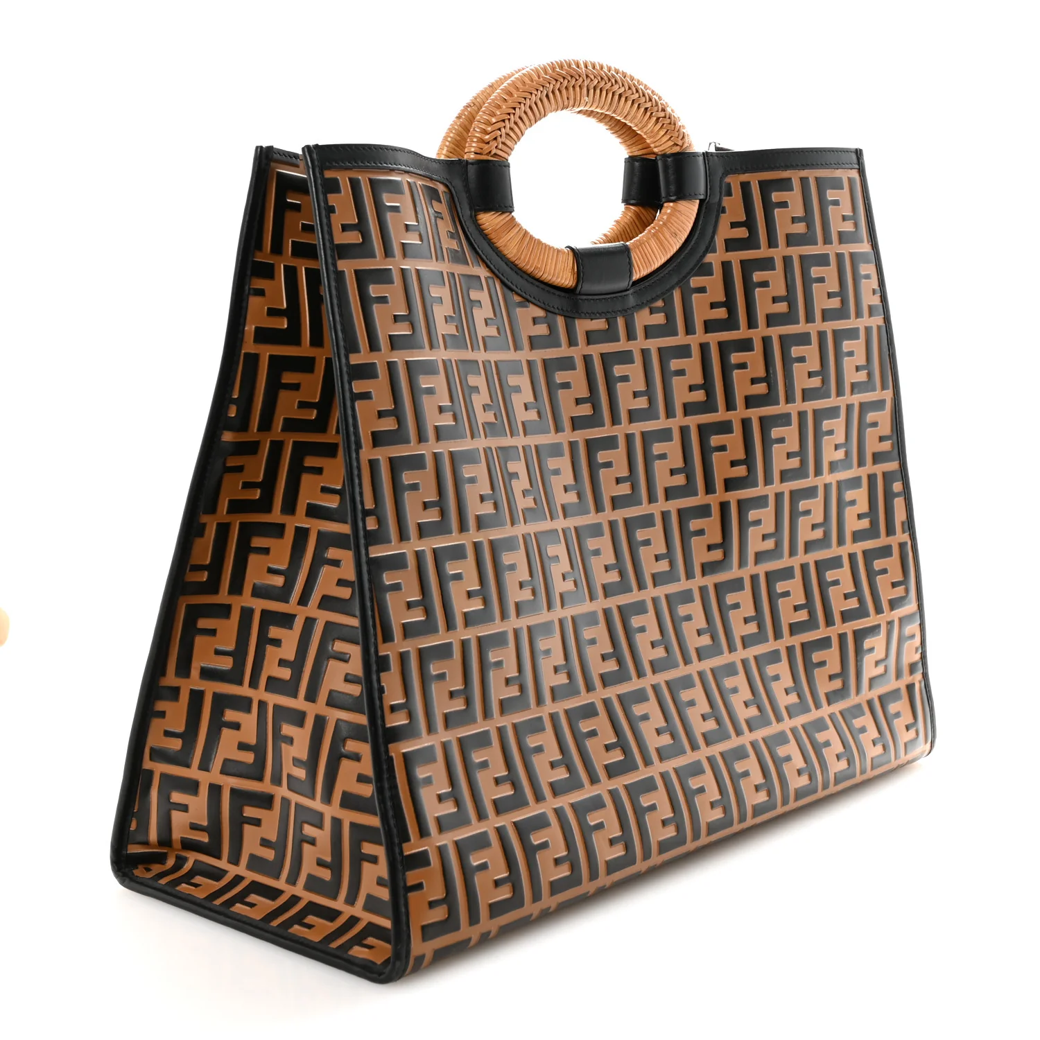 Vitello Century Wicker FF Embossed Large Runaway Shopper Tote Tobacco Black - Image 3