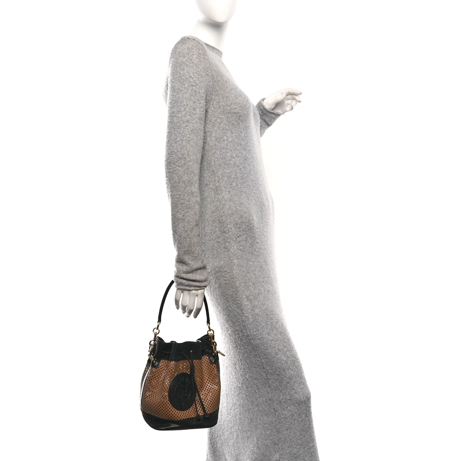 Vitello Liberty Glossy Lambskin F is Fendi Perforated Small Mon Tresor Bucket Bag Sand Mimosa Black - Image 2