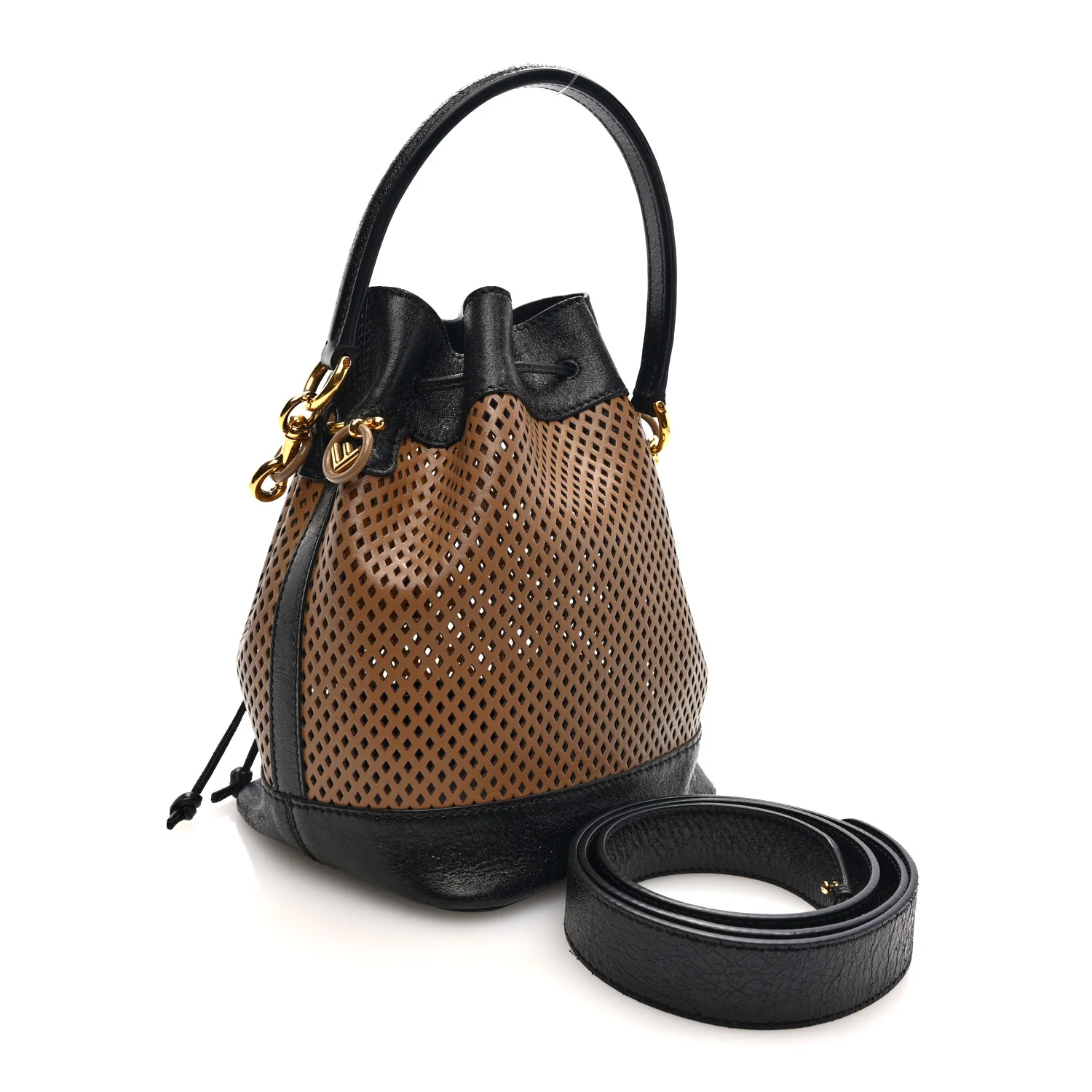 Vitello Liberty Glossy Lambskin F is Fendi Perforated Small Mon Tresor Bucket Bag Sand Mimosa Black - Image 3