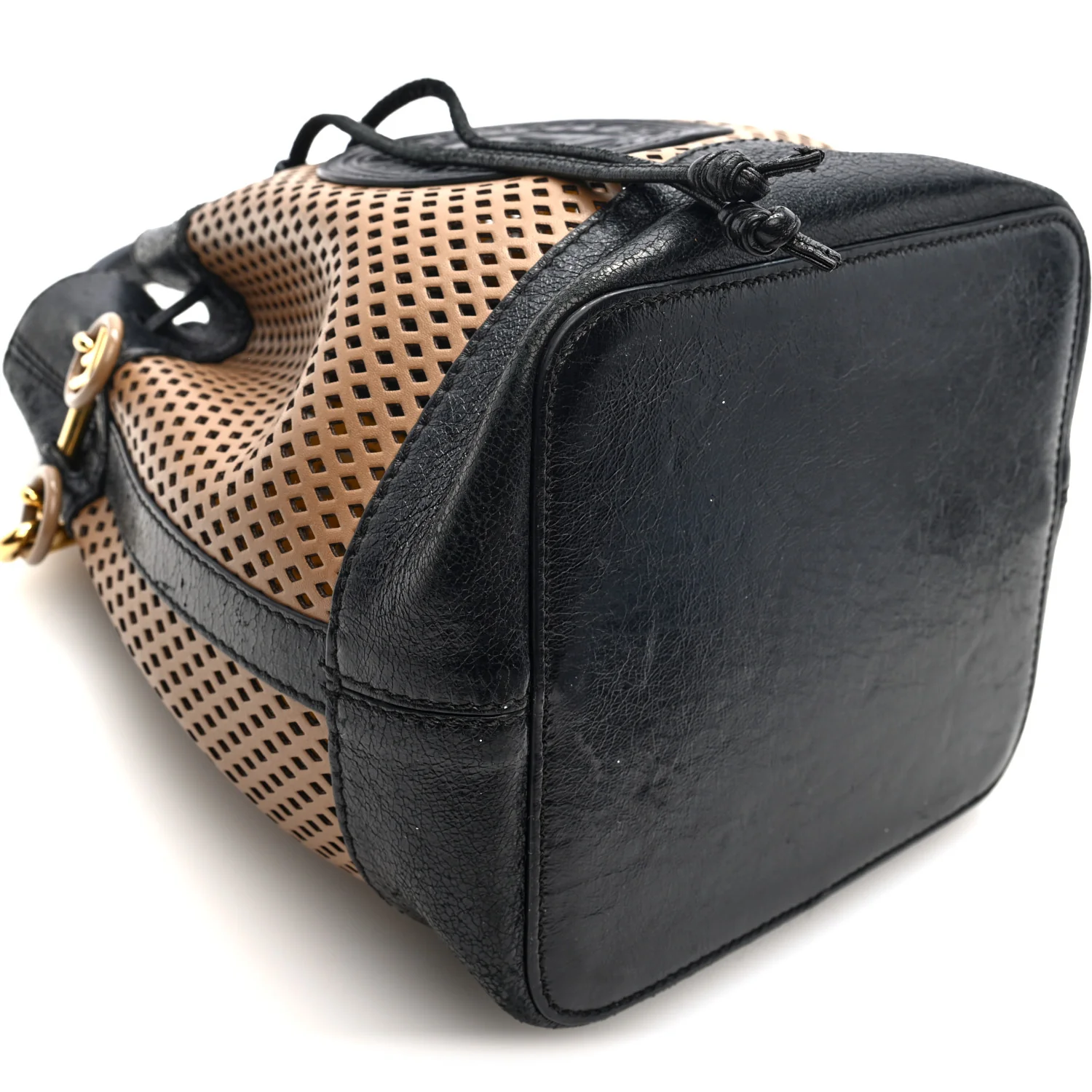 Vitello Liberty Glossy Lambskin F is Fendi Perforated Small Mon Tresor Bucket Bag Sand Mimosa Black - Image 8