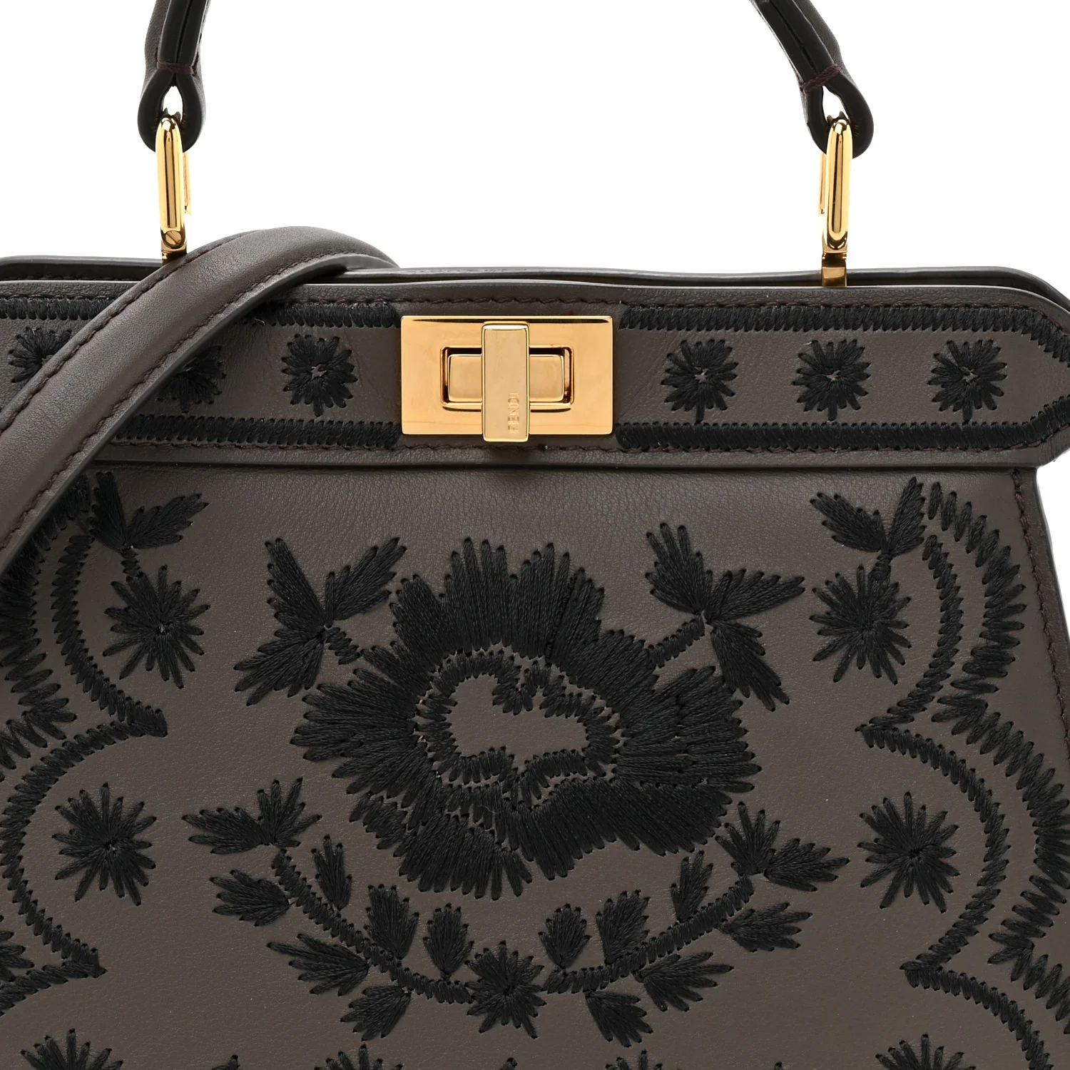 Vitello Seta Shiny Nappa Floral Embroidered Petite Peekaboo I SEE U Satchel Carbone Black - Image 10