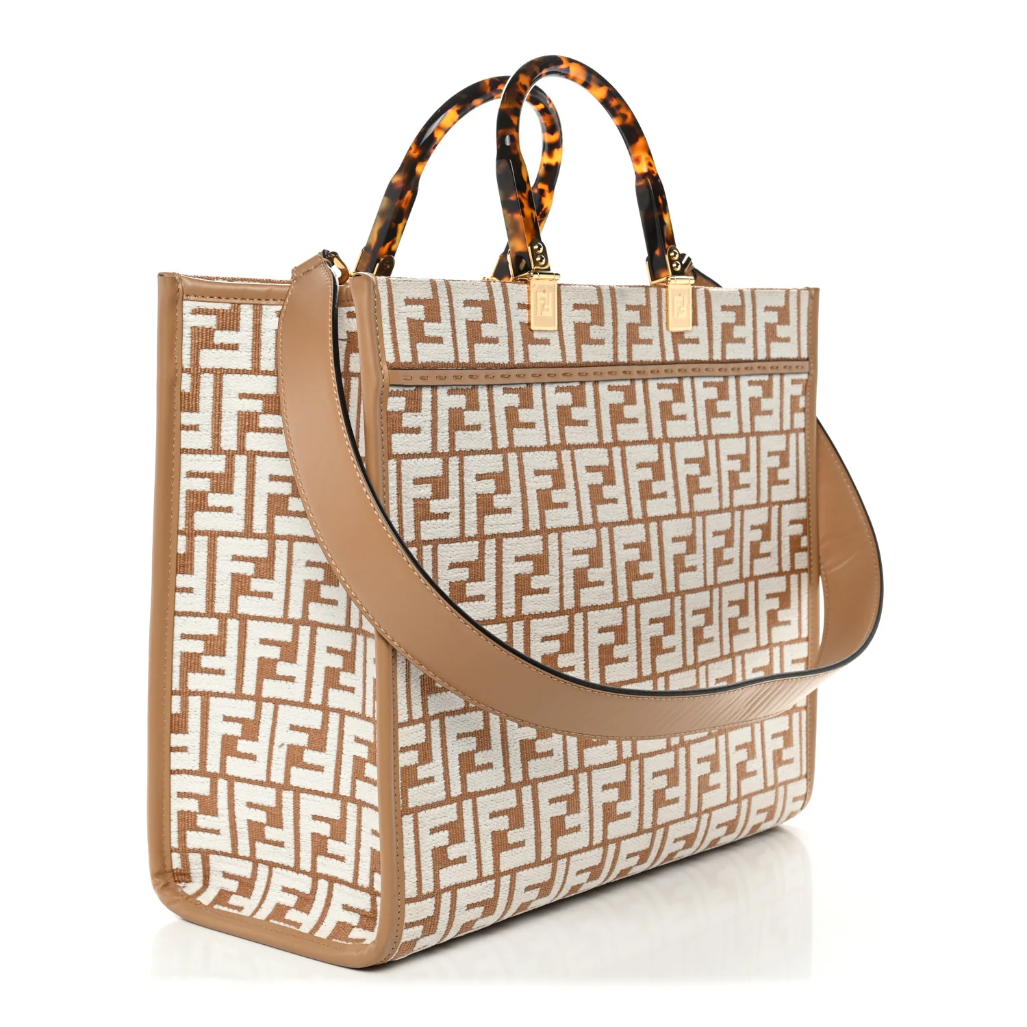 Woven Fabric Calfskin FF Medium Fendi Sunshine Shopper Tote Natural White Dark Honey - Image 3
