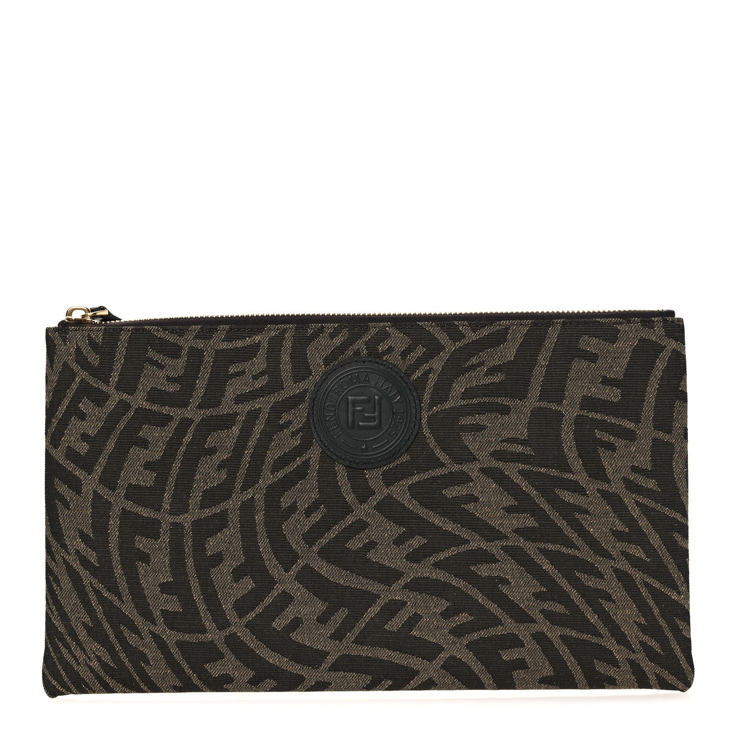 X SARAH COLEMAN Fabric Jacquard Vitello King FF Vertigo Medium Flat Pouch Tobacco Moro Black